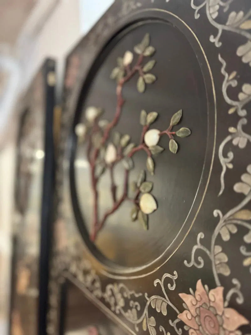 Chinese export 6 panel lacquer and semi precious stone coromandel