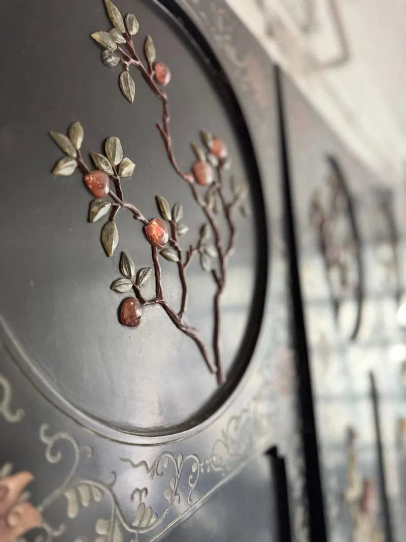 Chinese export 6 panel lacquer and semi precious stone coromandel