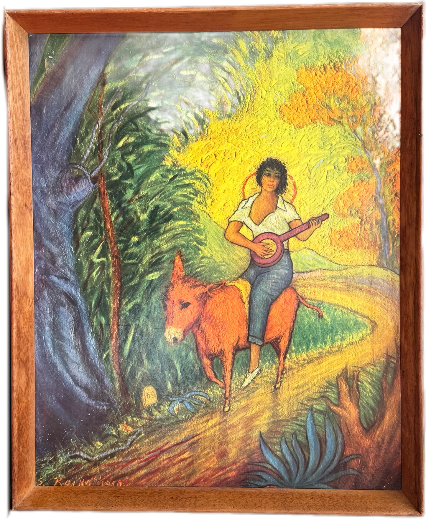 Rare Girl on Donkey vintage print by S RAJKO IN ORIGINAL FRAME