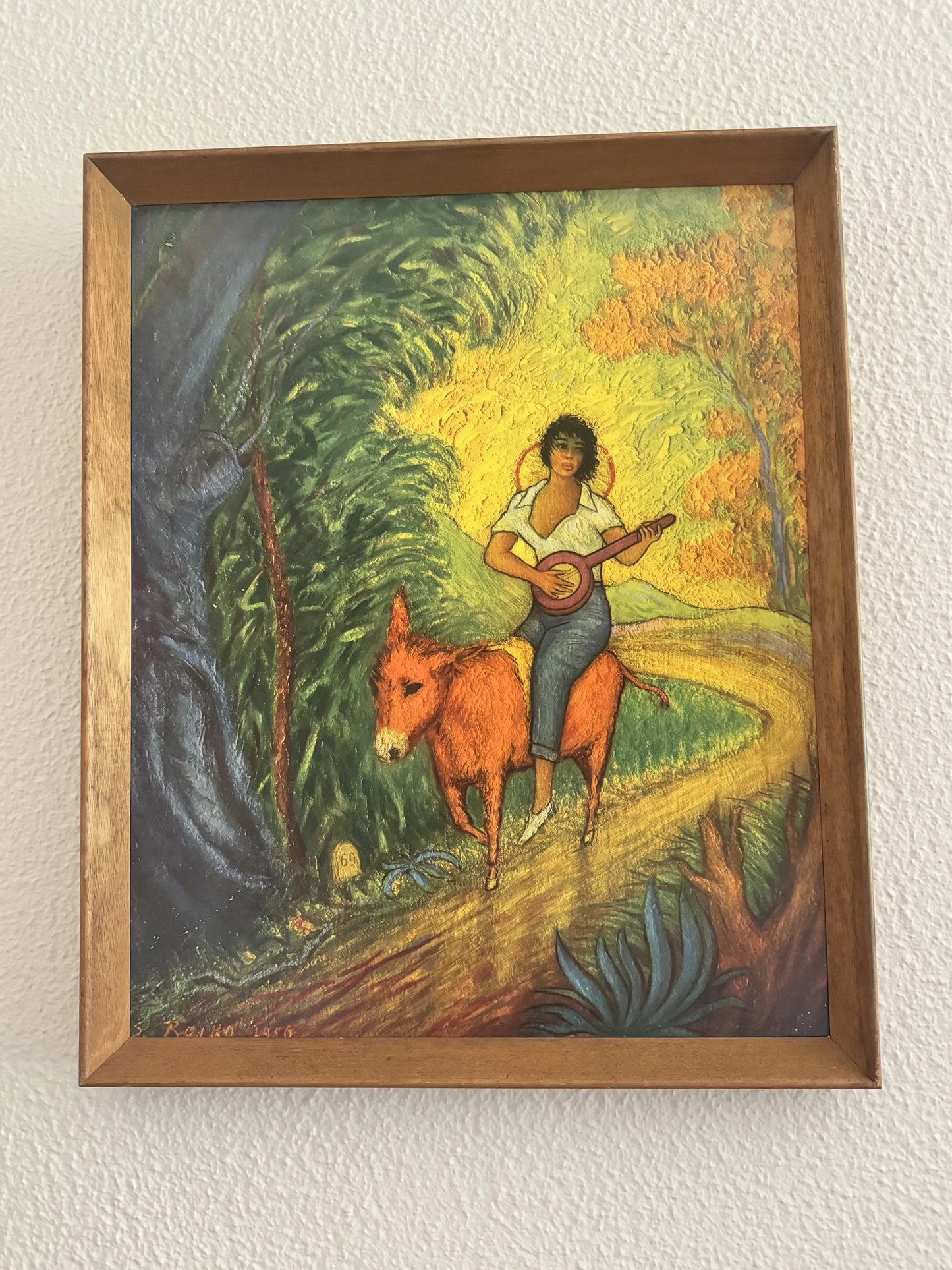 Rare Girl on Donkey vintage print by S RAJKO IN ORIGINAL FRAME