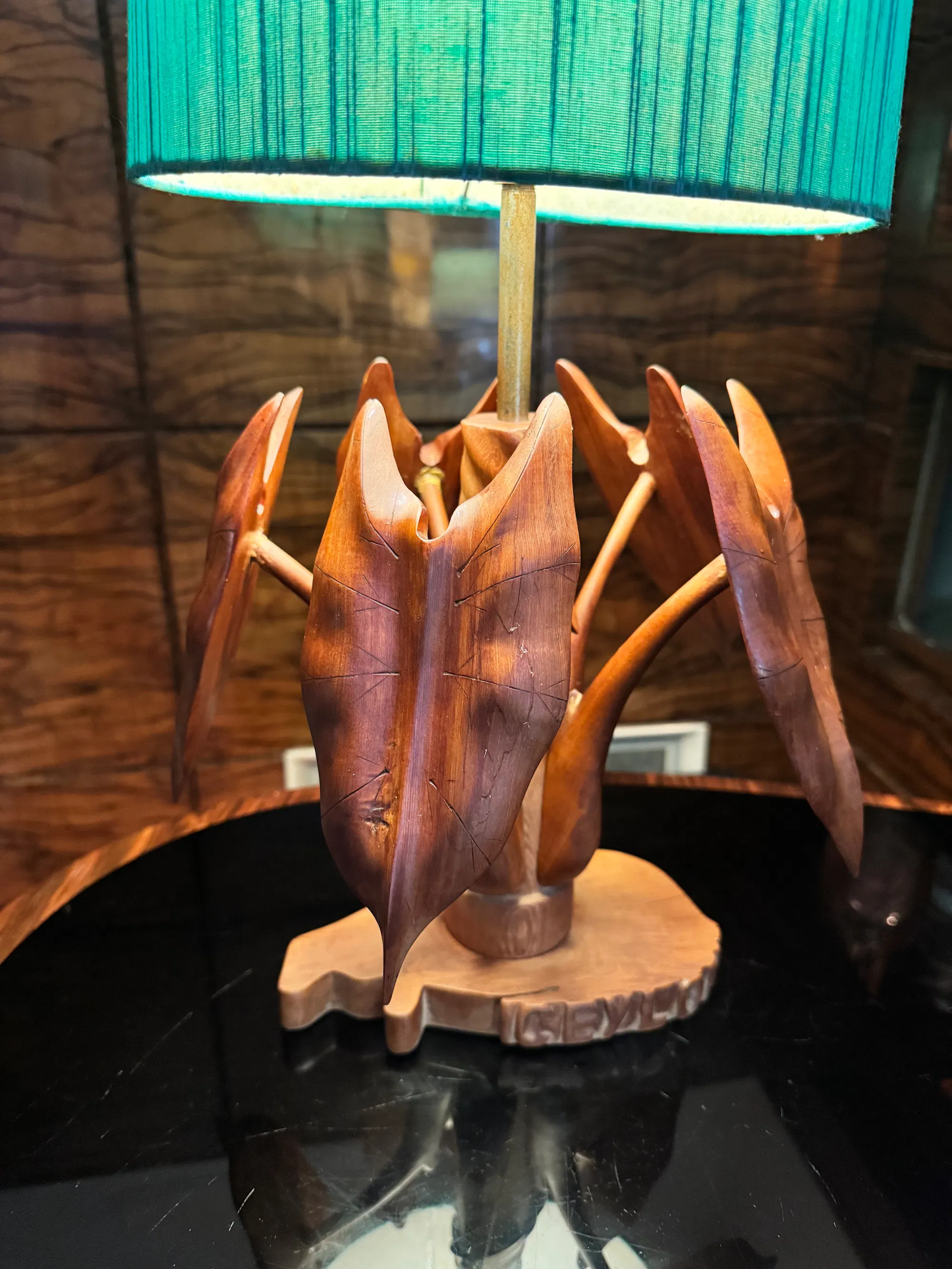 Vintage hand carved table lamp, Made in Ceylon