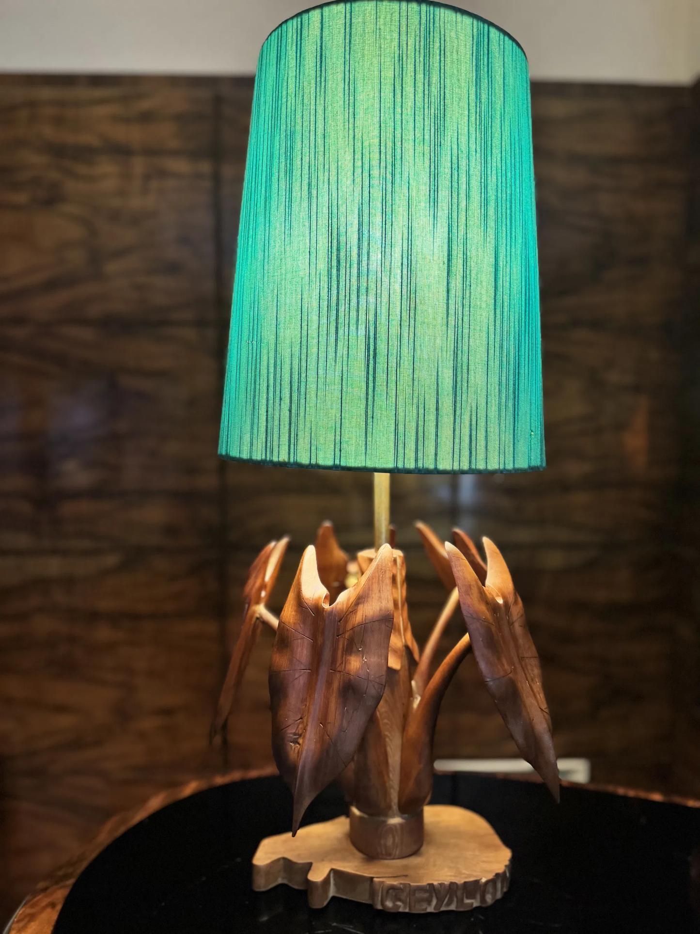 Vintage hand carved table lamp, Made in Ceylon