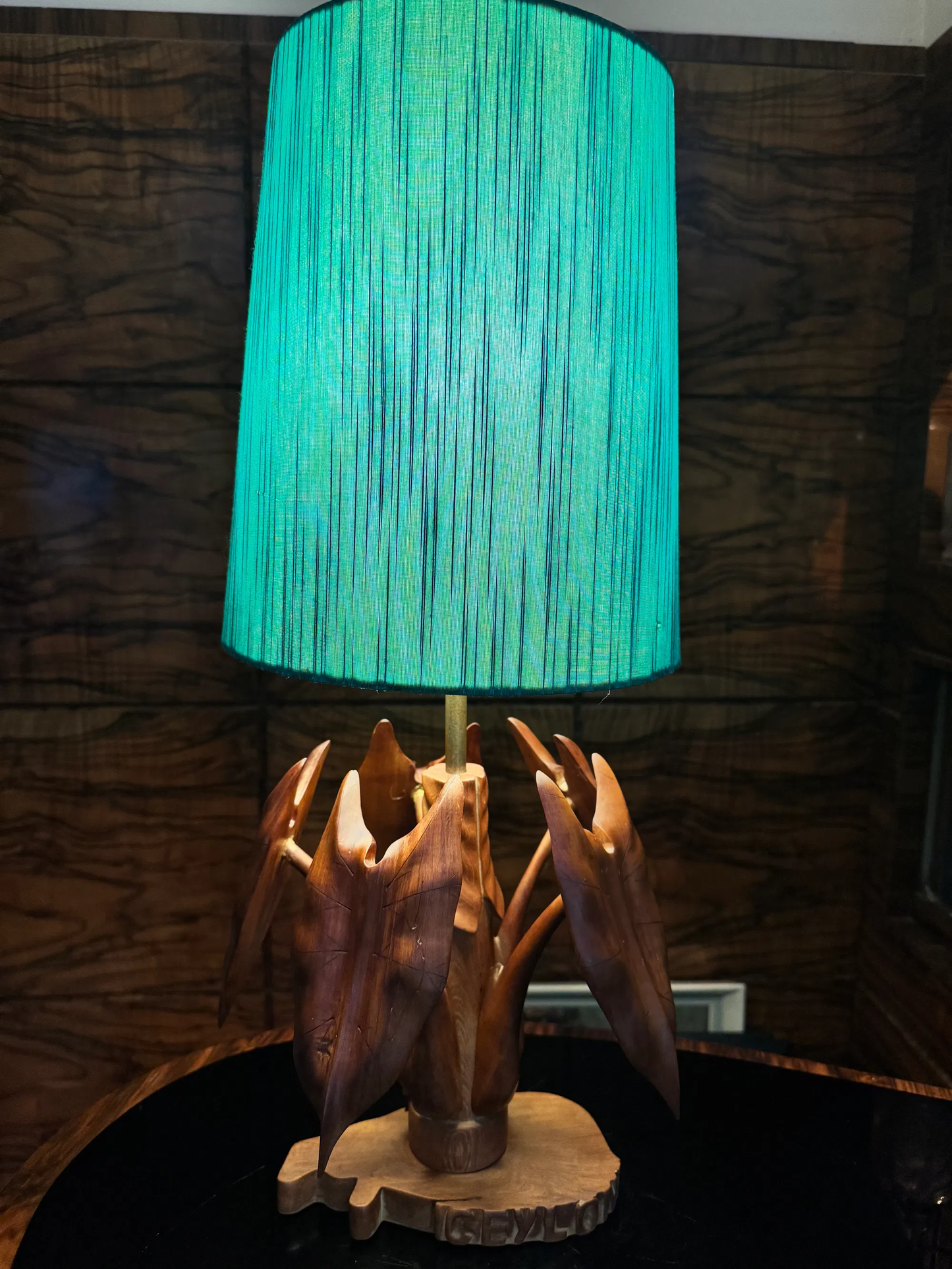 Vintage hand carved table lamp, Made in Ceylon