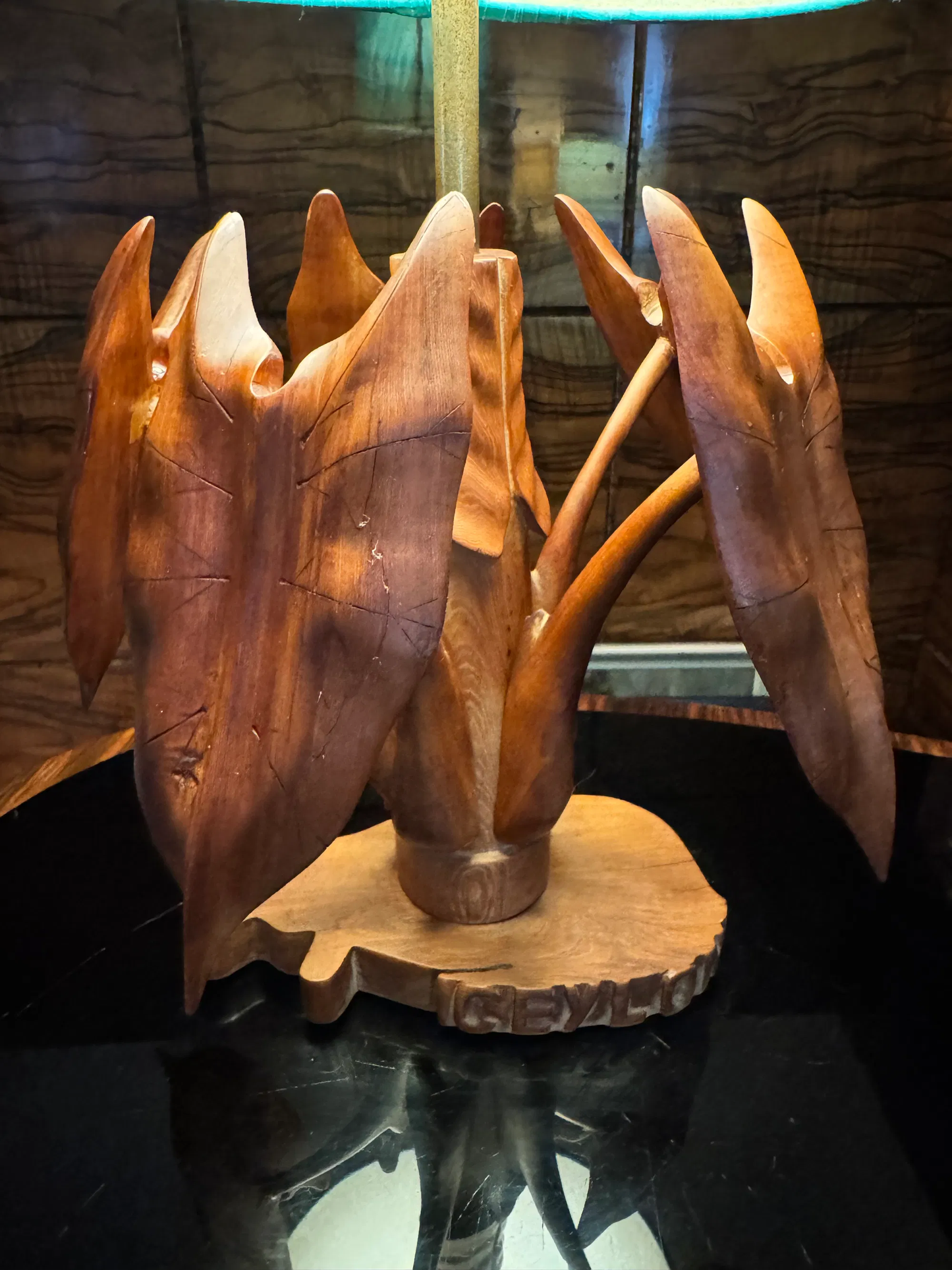 Vintage hand carved table lamp, Made in Ceylon