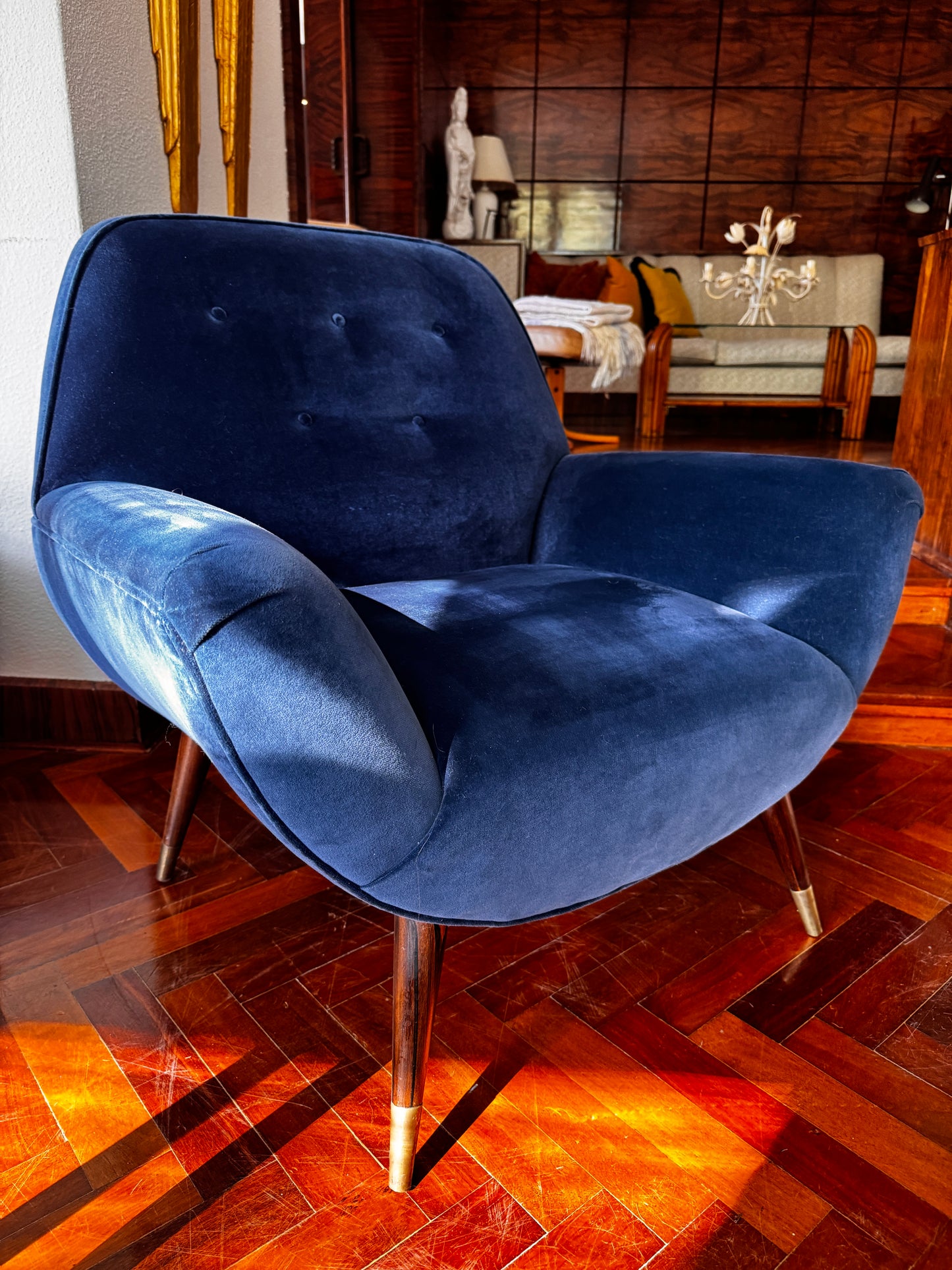 Stunning 1950s Mid-Century Modern Lounge Chairs — Navy Blue Velvet - 2 available