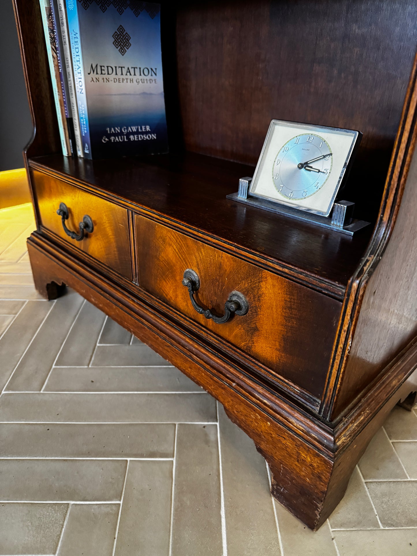 Antique Flame Mahogany Waterfall Bookcase – c.1930s