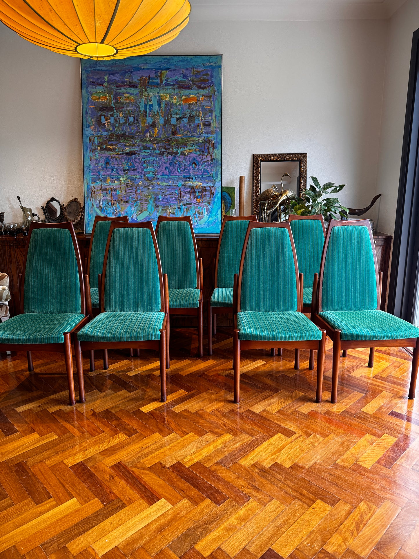 1971 Chiswell Dining Chairs – Set of Eight | Original Teal Striped Velvet