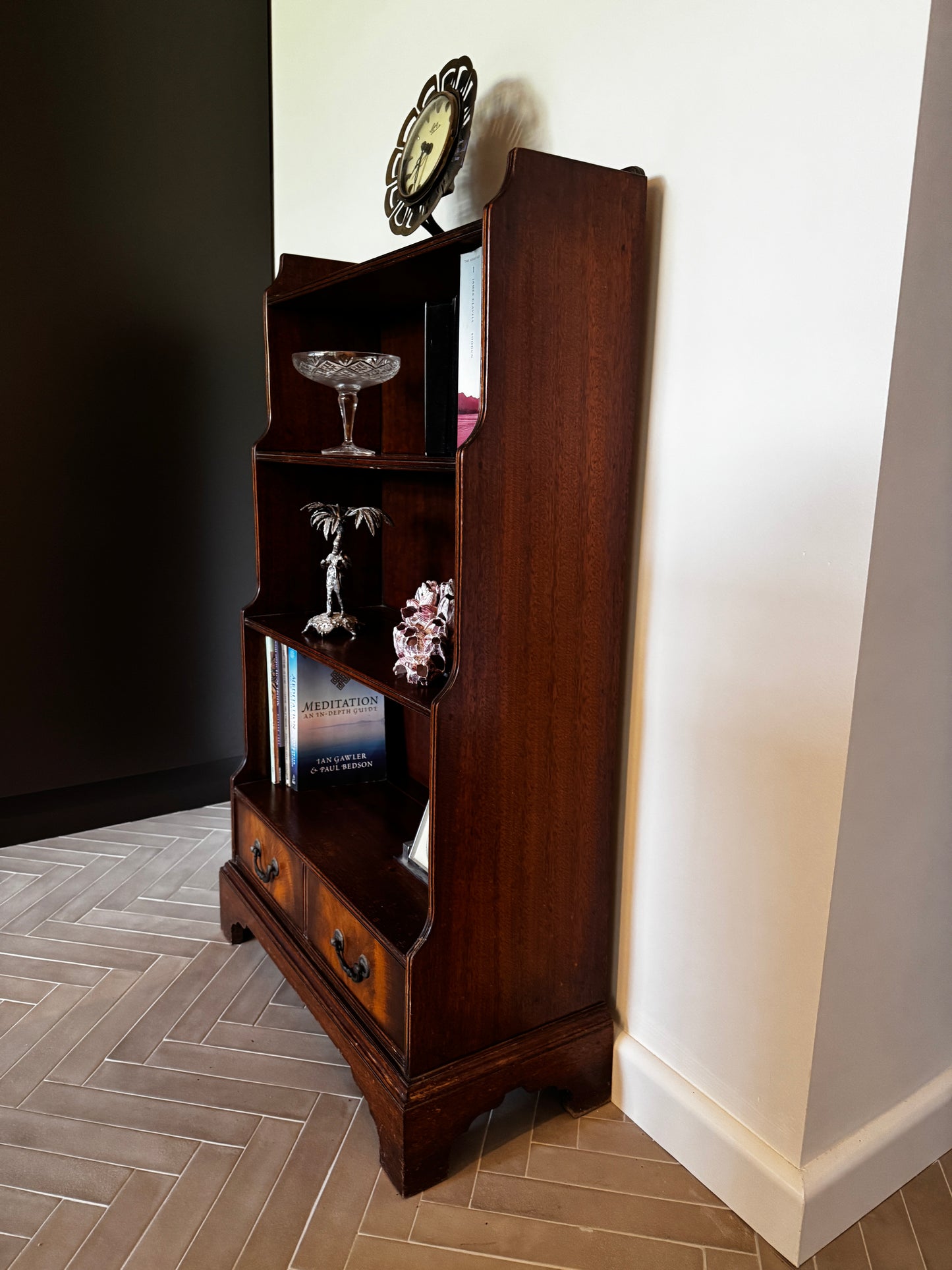 Antique Flame Mahogany Waterfall Bookcase – c.1930s