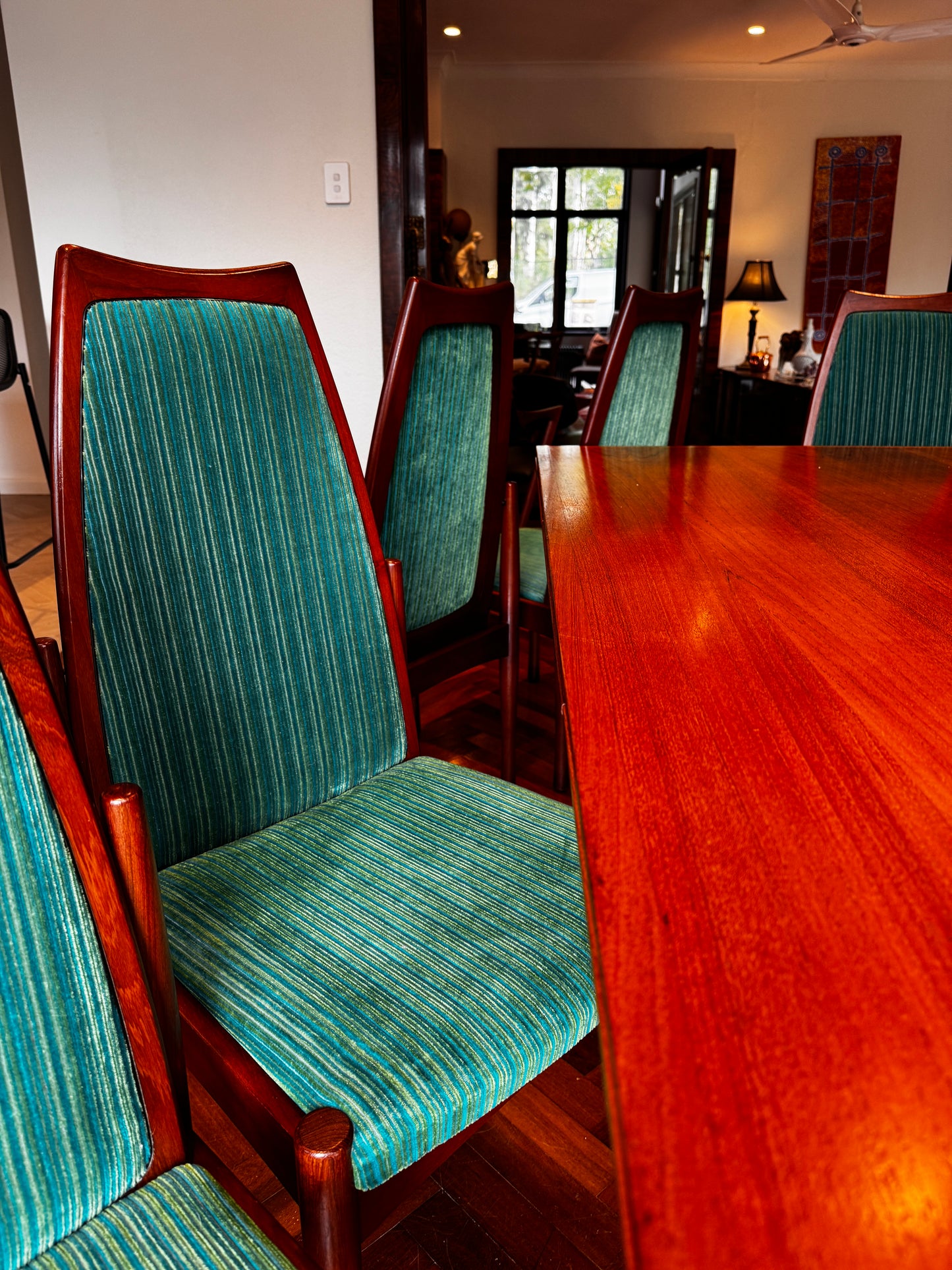 1971 Chiswell Dining Chairs – Set of Eight | Original Teal Striped Velvet