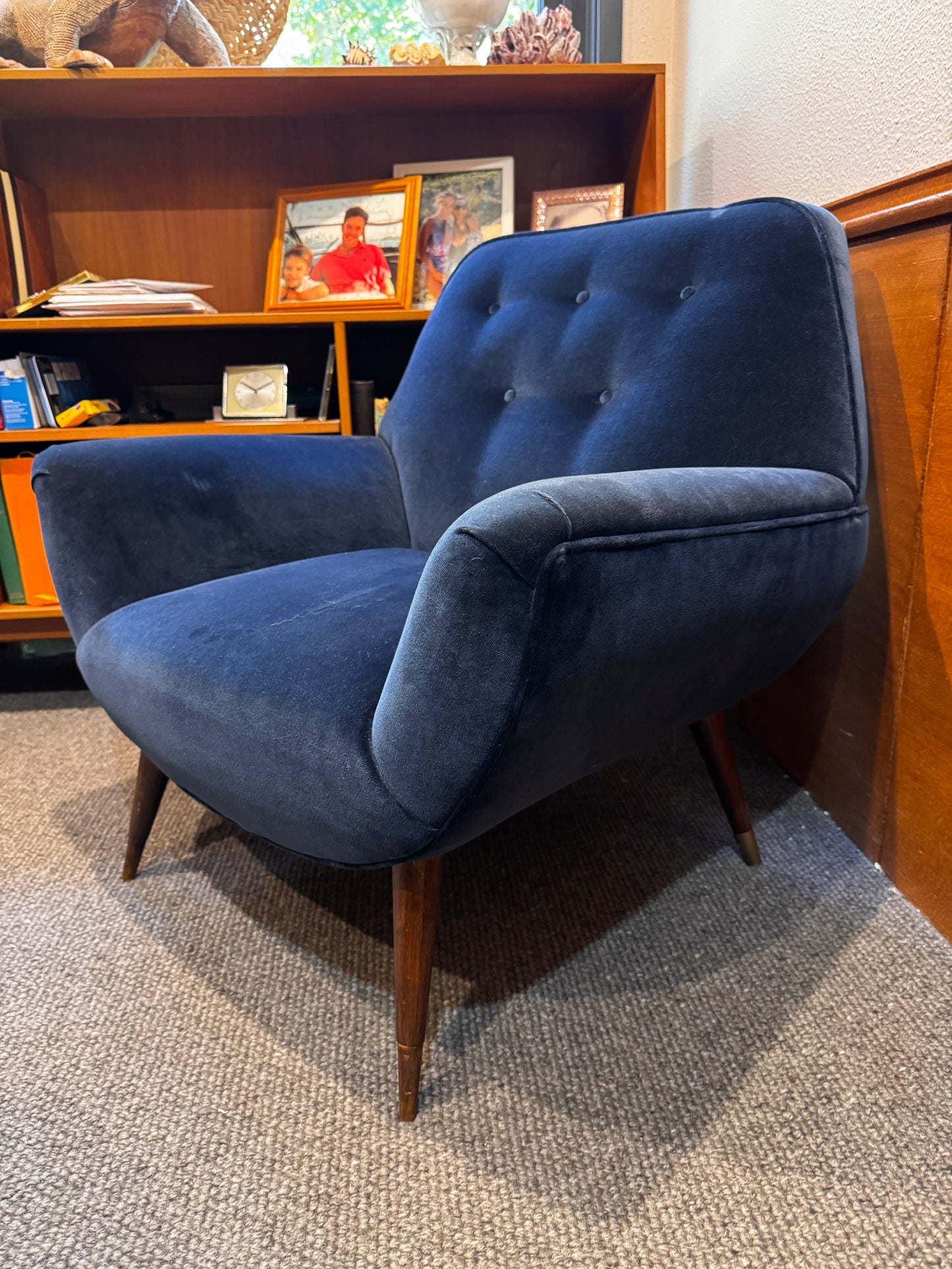 Stunning 1950s Mid-Century Modern Lounge Chairs — Navy Blue Velvet - 2 available