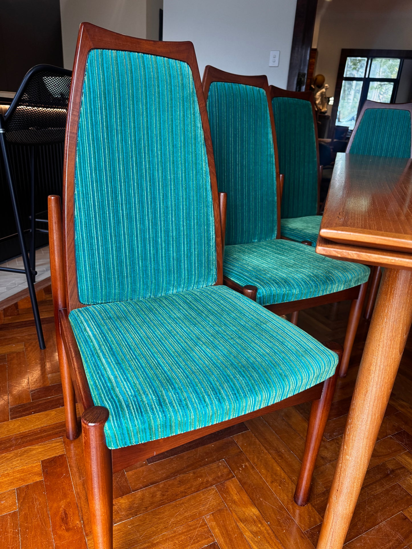 1971 Chiswell Dining Chairs – Set of Eight | Original Teal Striped Velvet