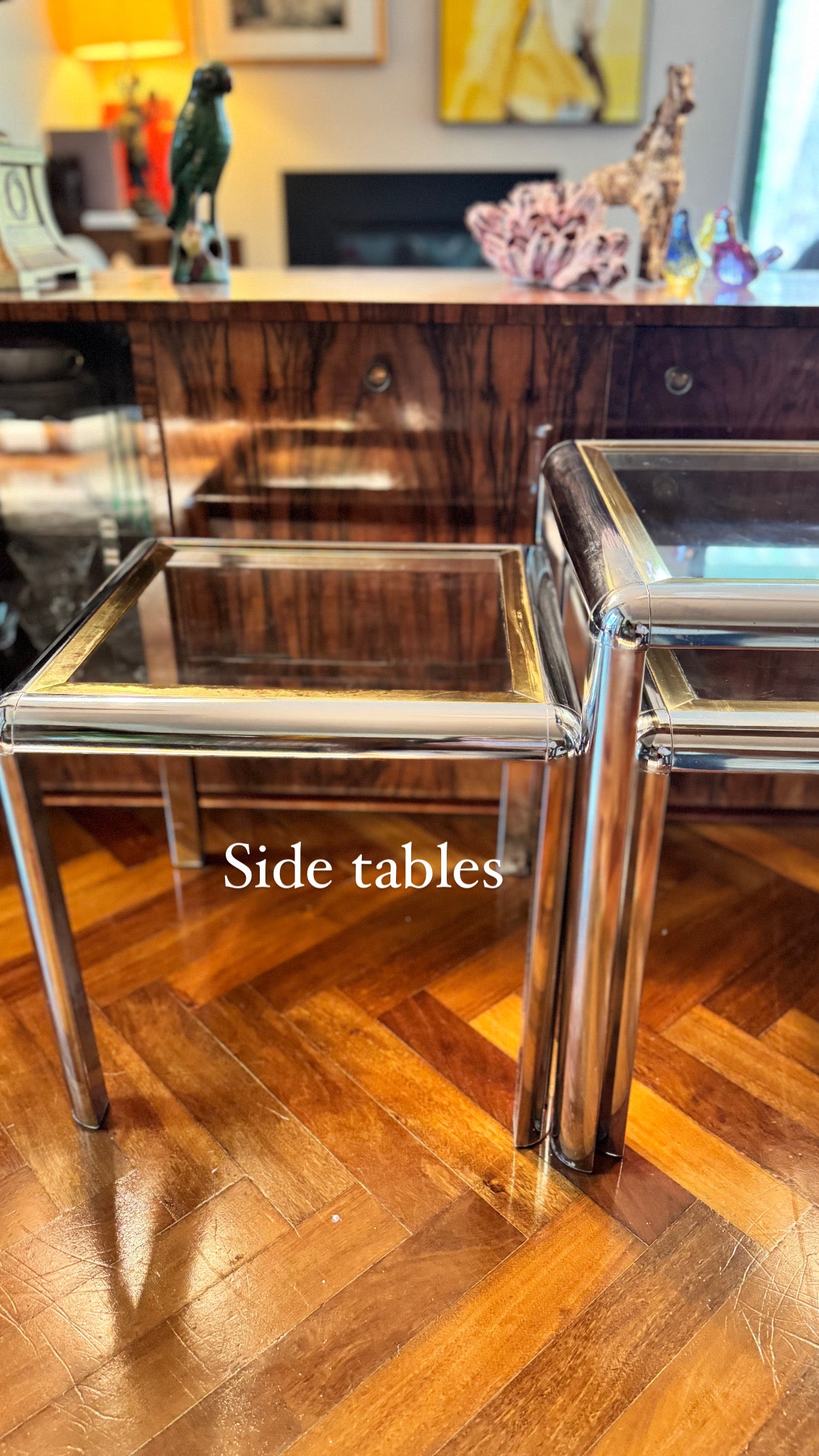 1970s chrome and brass tubular table set of 3
