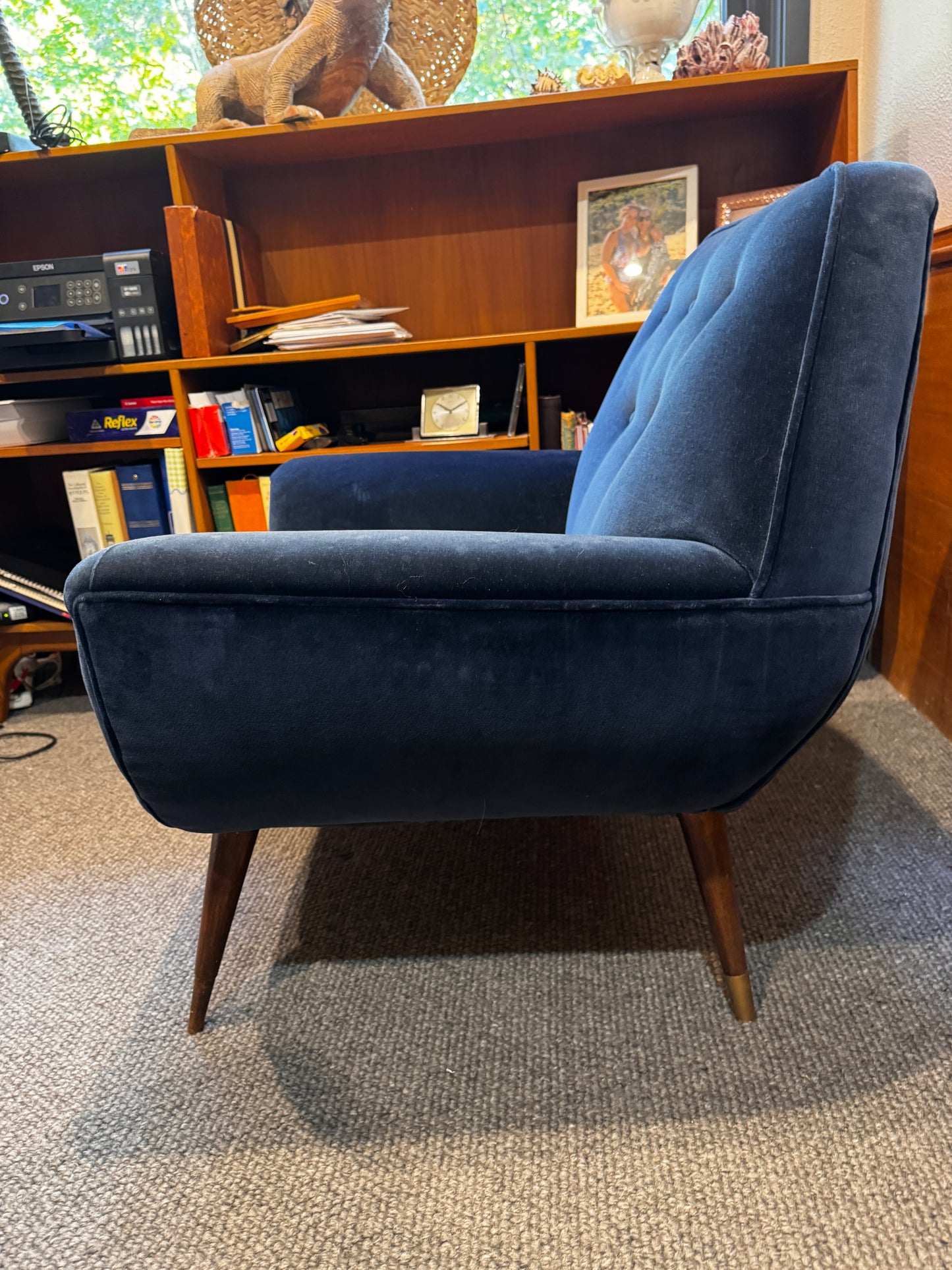 Stunning 1950s Mid-Century Modern Lounge Chairs — Navy Blue Velvet - 2 available