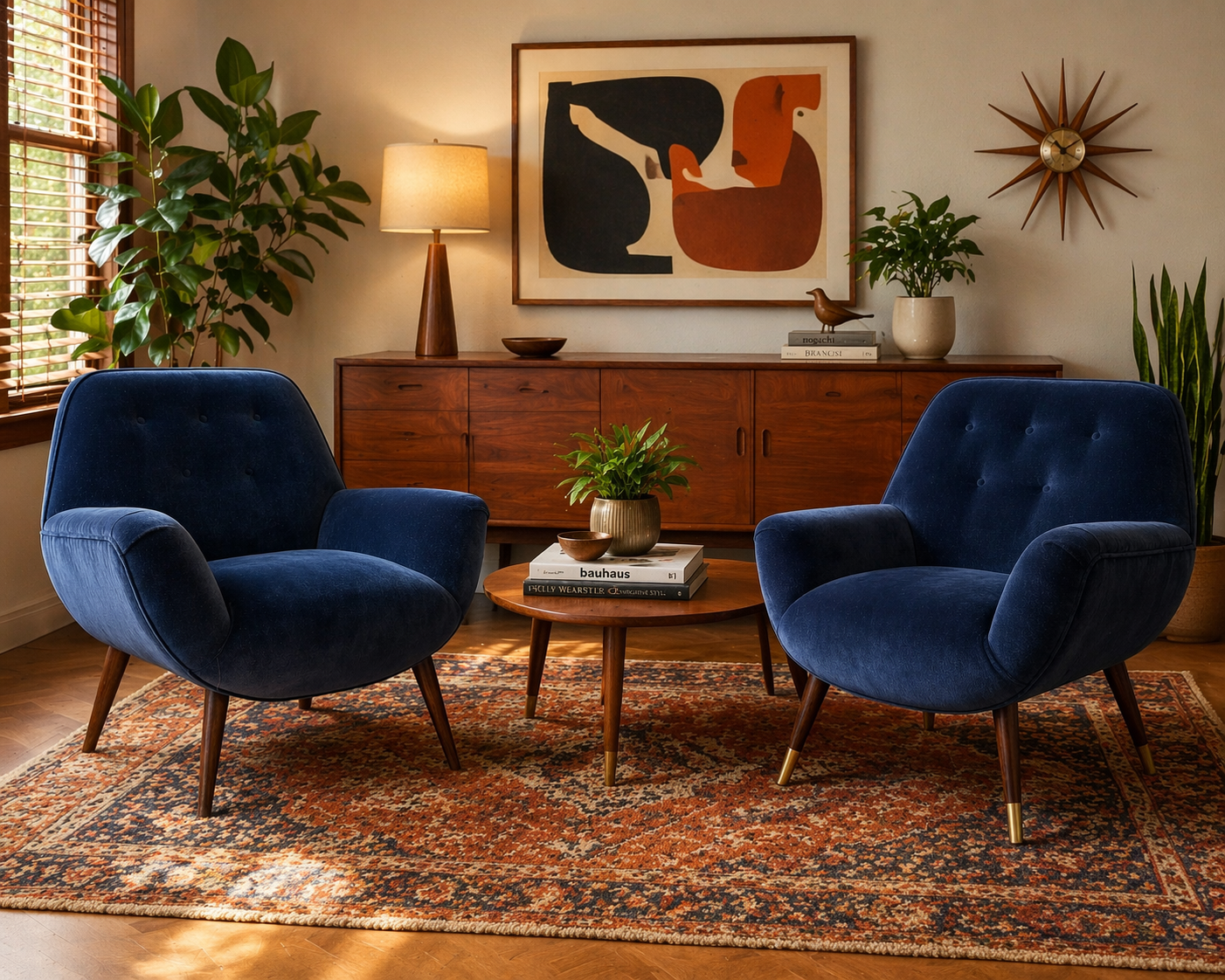Stunning 1950s Mid-Century Modern Lounge Chairs — Navy Blue Velvet - 2 available