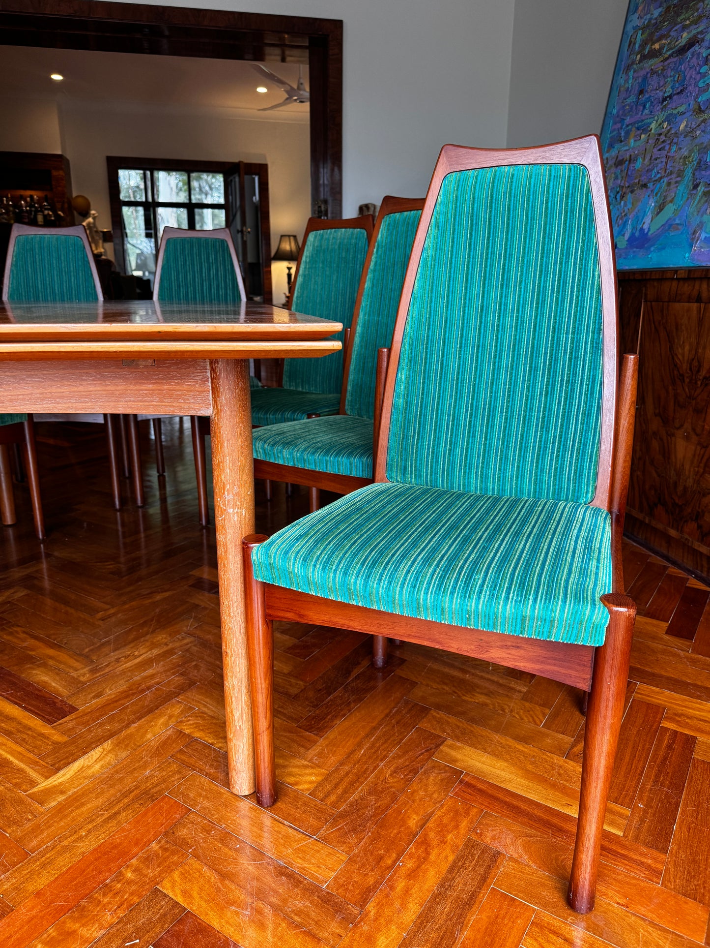 1971 Chiswell Dining Chairs – Set of Eight | Original Teal Striped Velvet