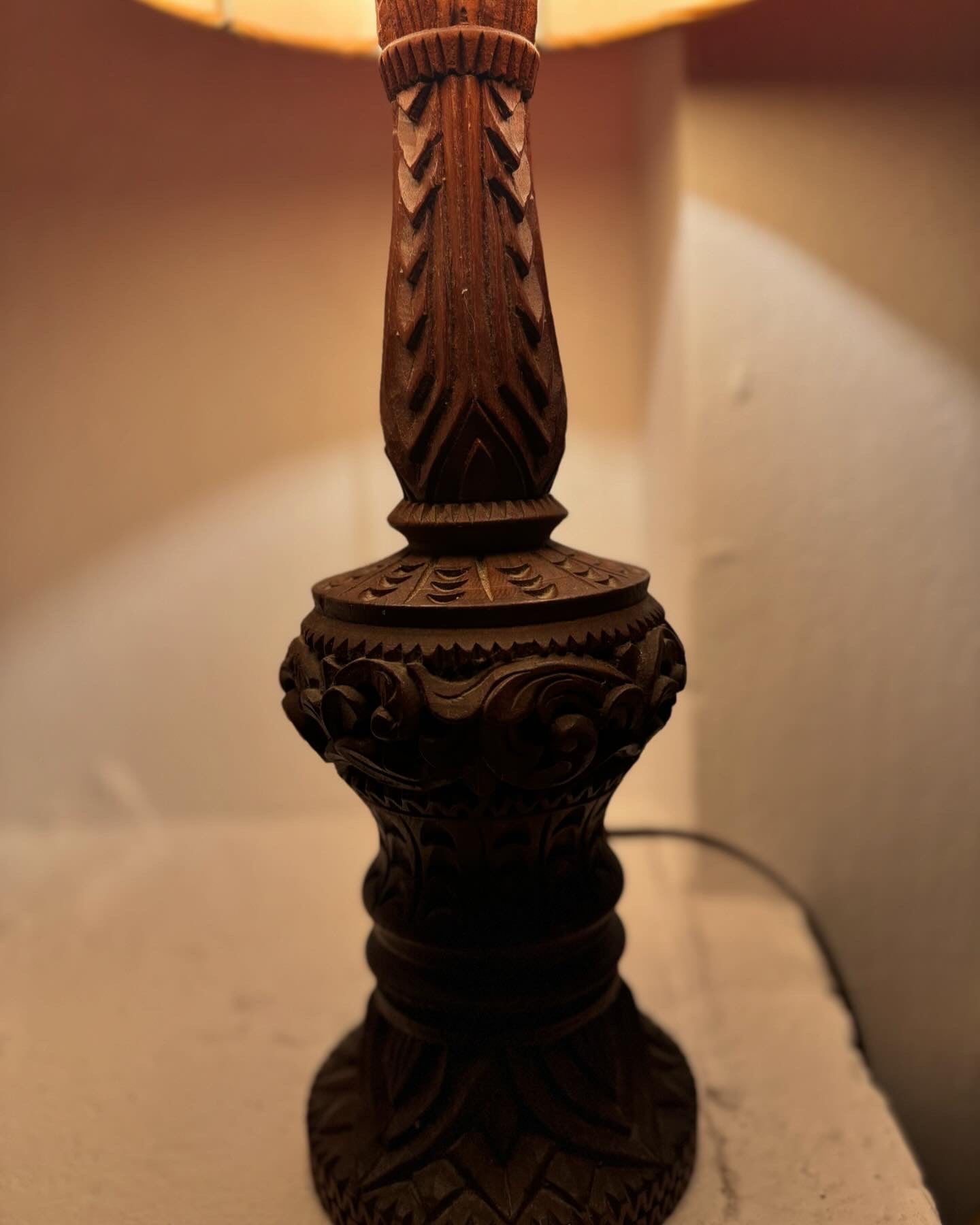 Hand carved 1960s timber lamp with original shade