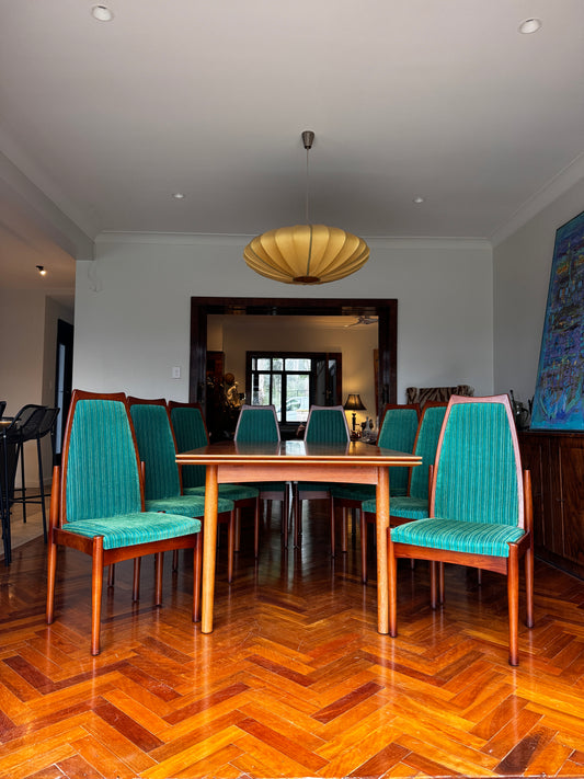 1971 Chiswell Dining Chairs – Set of Eight | Original Teal Striped Velvet