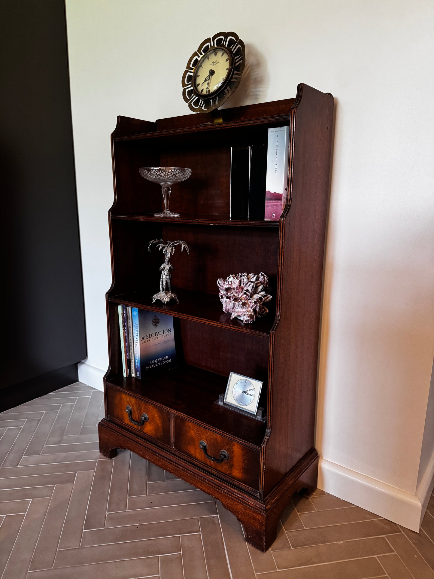 Antique Flame Mahogany Waterfall Bookcase – c.1930s