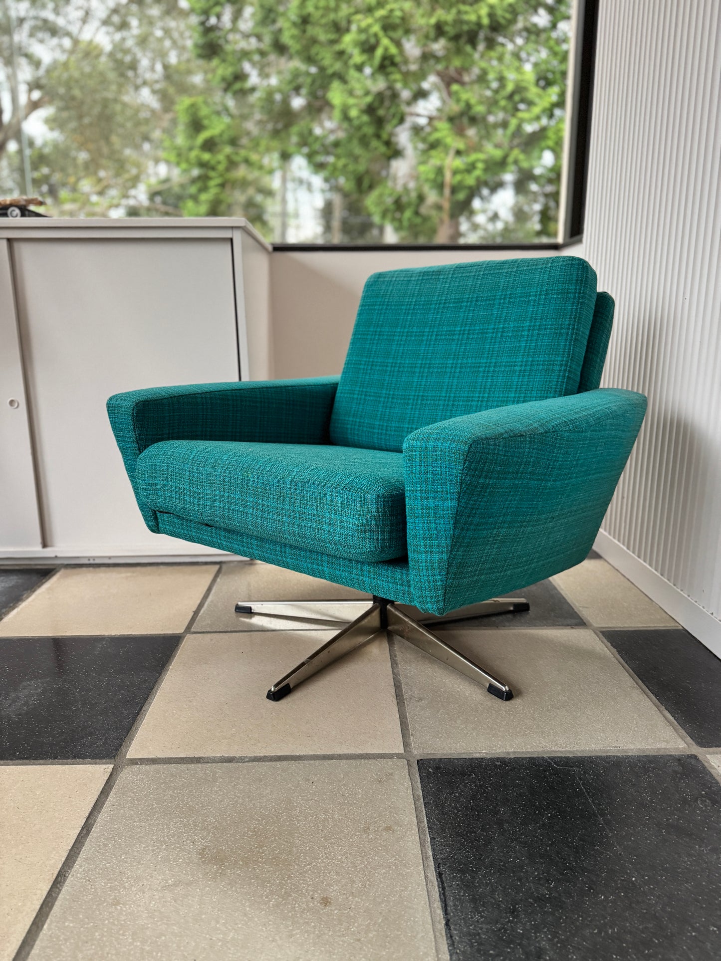Mid Century Swedish turquoise swivel armchair, 1960