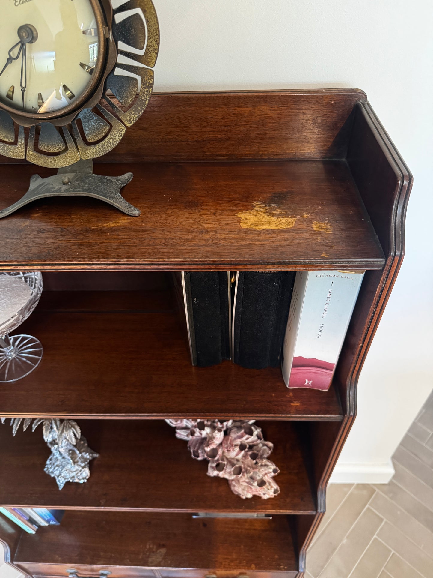 Antique Flame Mahogany Waterfall Bookcase – c.1930s