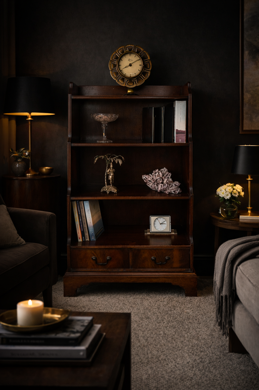 Antique Flame Mahogany Waterfall Bookcase – c.1930s