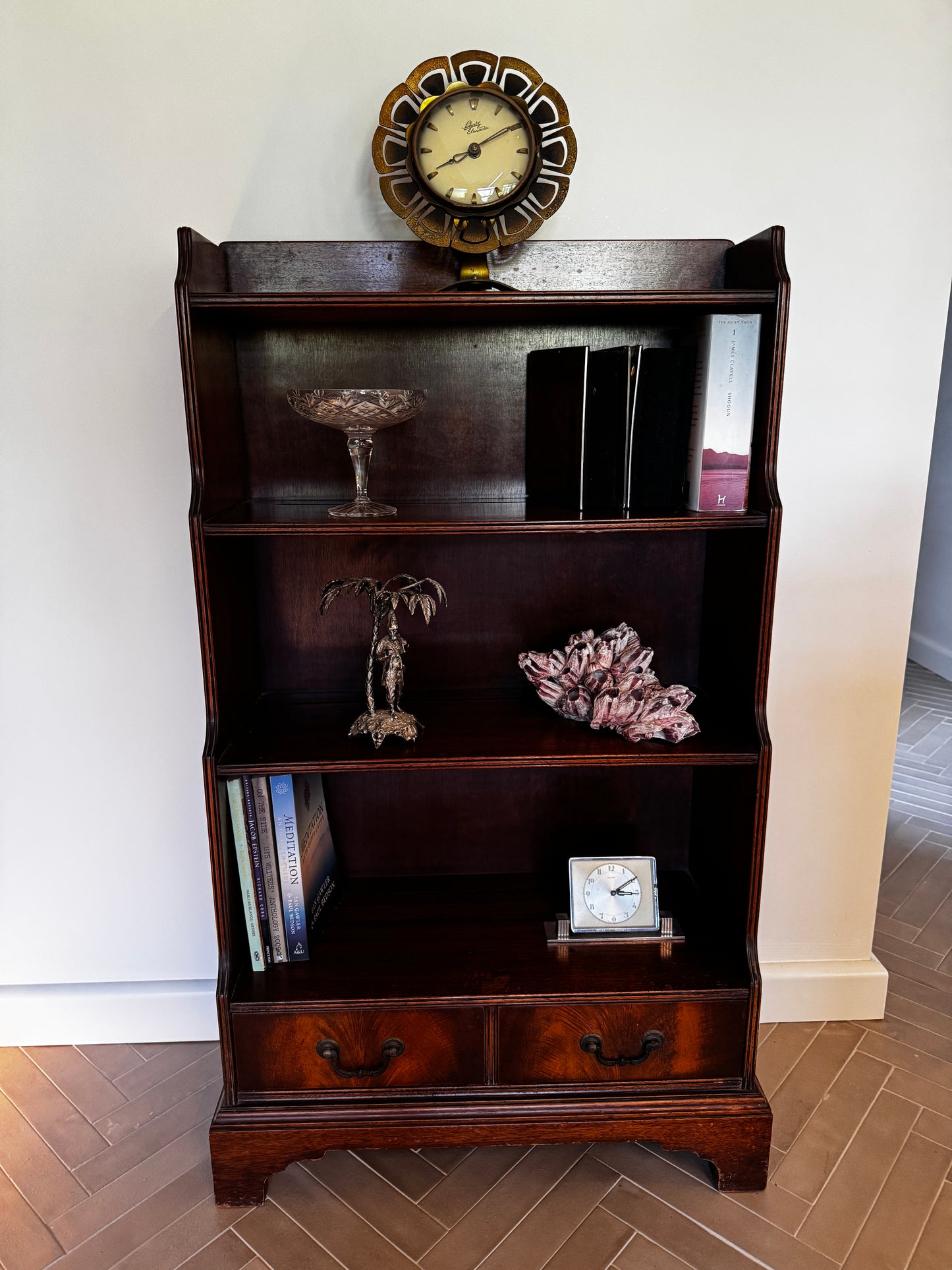 Antique Flame Mahogany Waterfall Bookcase – c.1930s