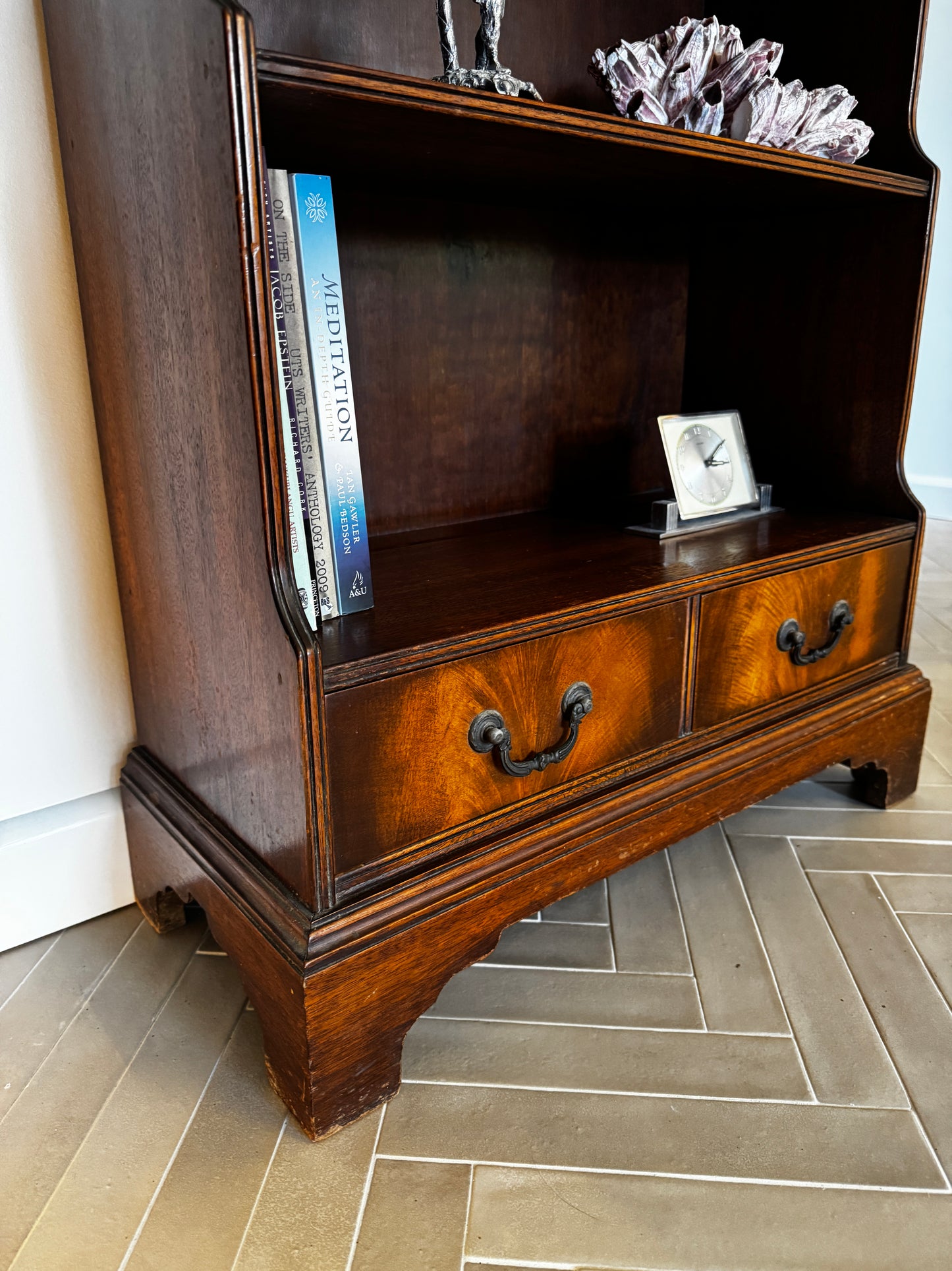 Antique Flame Mahogany Waterfall Bookcase – c.1930s