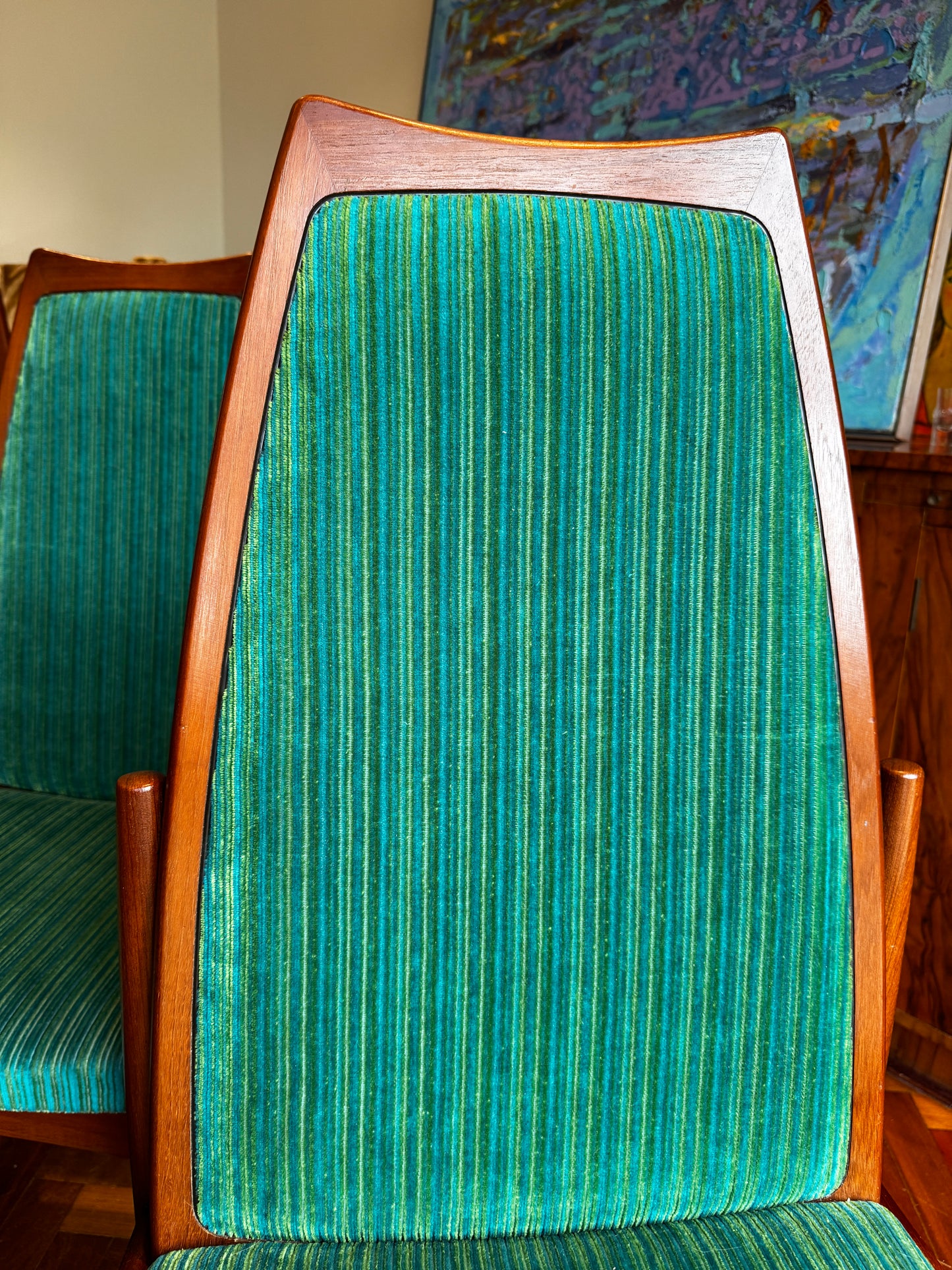1971 Chiswell Dining Chairs – Set of Eight | Original Teal Striped Velvet