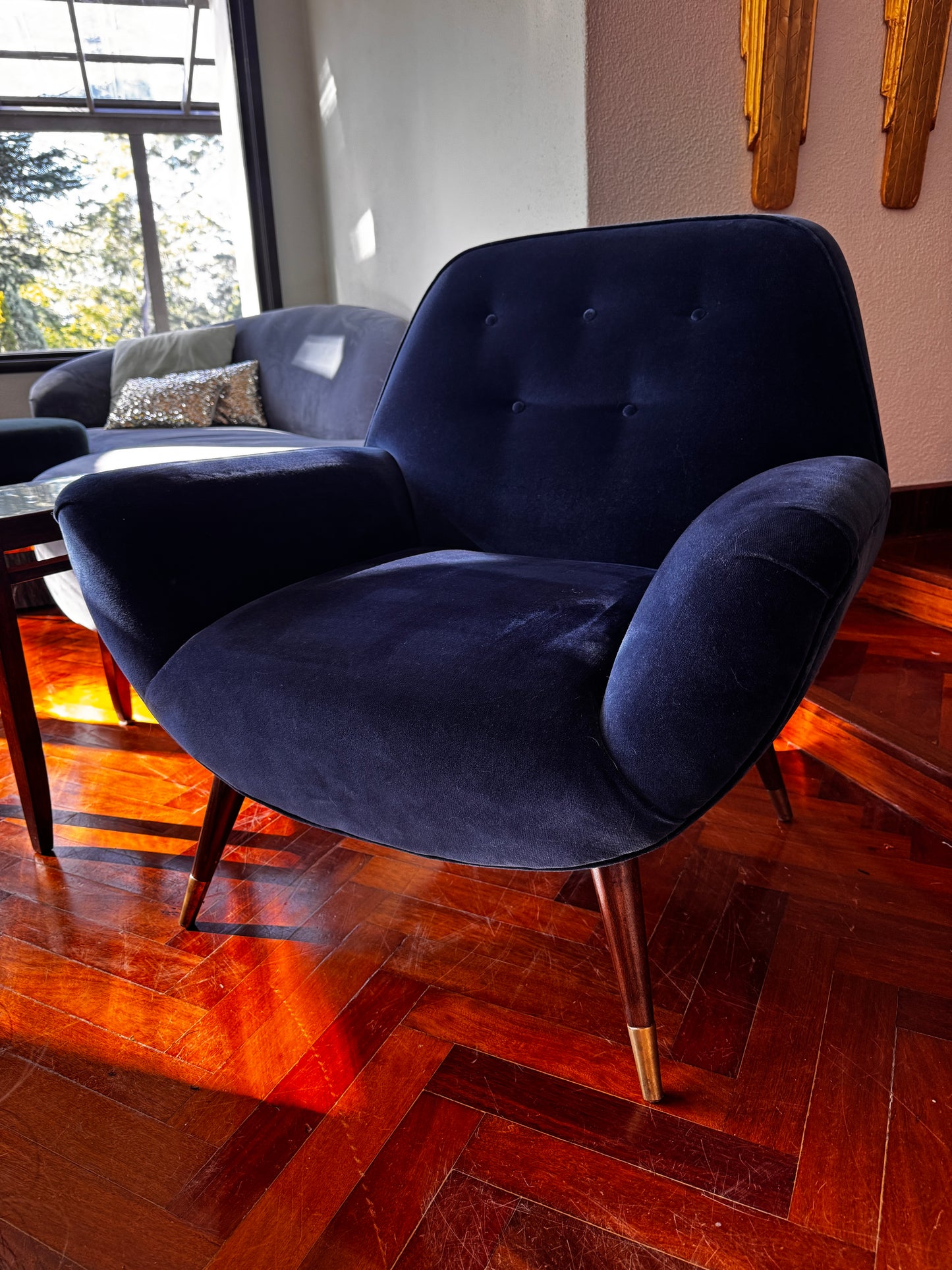 Stunning 1950s Mid-Century Modern Lounge Chairs — Navy Blue Velvet - 2 available