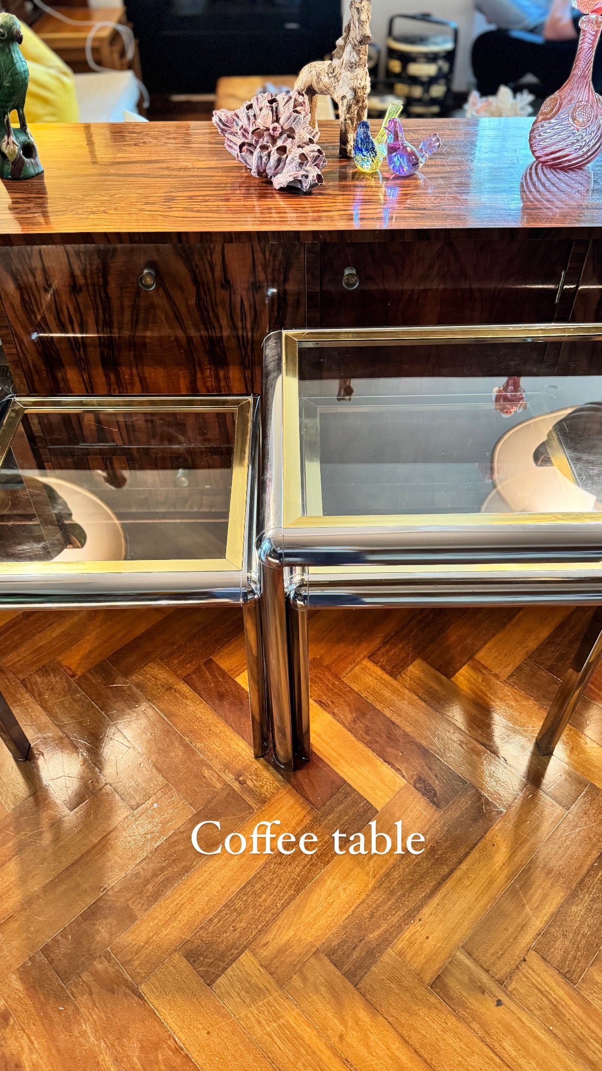 1970s chrome and brass tubular table set of 3