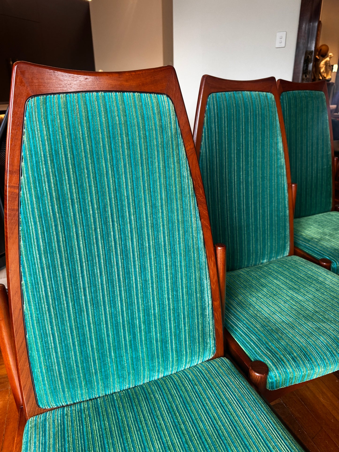 1971 Chiswell Dining Chairs – Set of Eight | Original Teal Striped Velvet