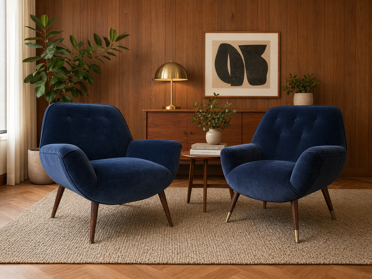 Stunning 1950s Mid-Century Modern Lounge Chairs — Navy Blue Velvet - 2 available