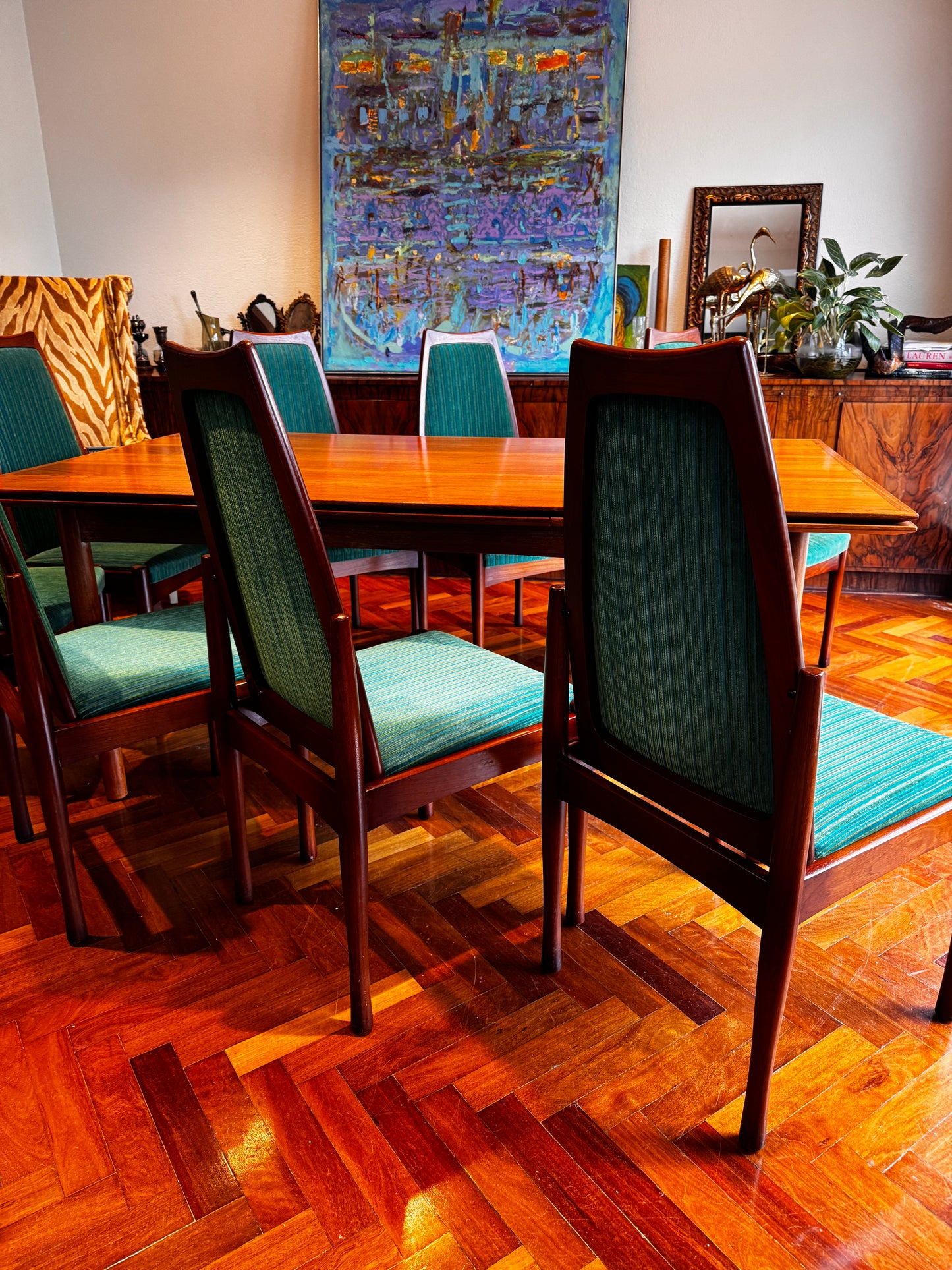 1971 Chiswell Dining Chairs – Set of Eight | Original Teal Striped Velvet