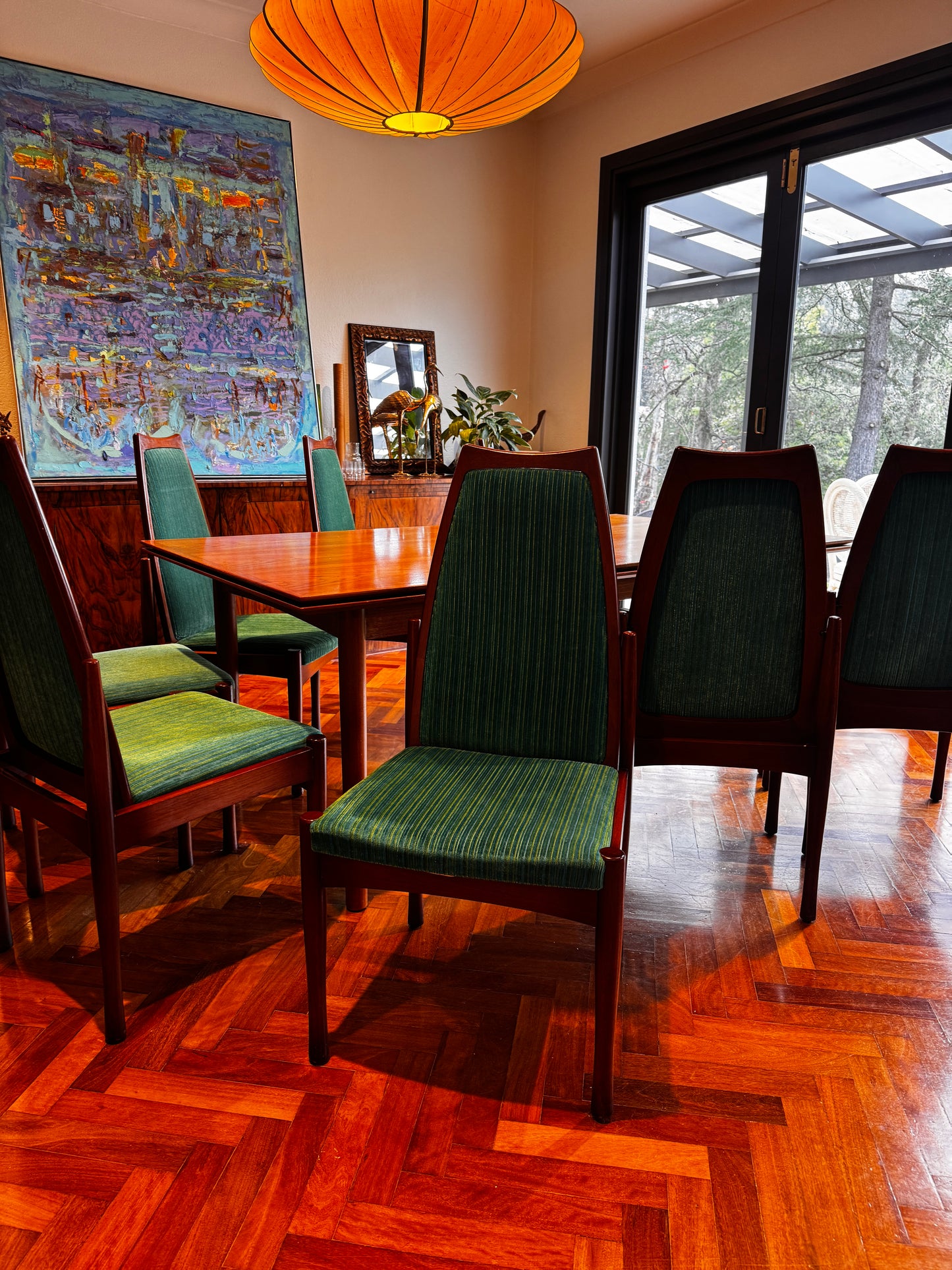 1971 Chiswell Dining Chairs – Set of Eight | Original Teal Striped Velvet