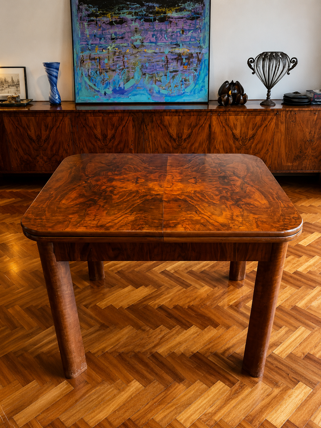 Czech Art Deco Walnut Burl Extending Dining Table | Circa 1925–1935