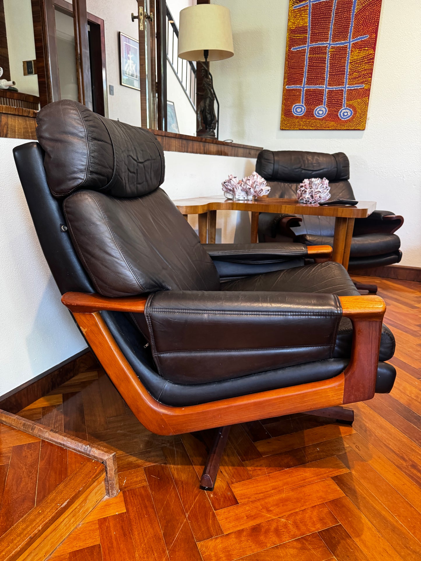 Pair of Early Tessa Lounge Chairs with Matching Footstool