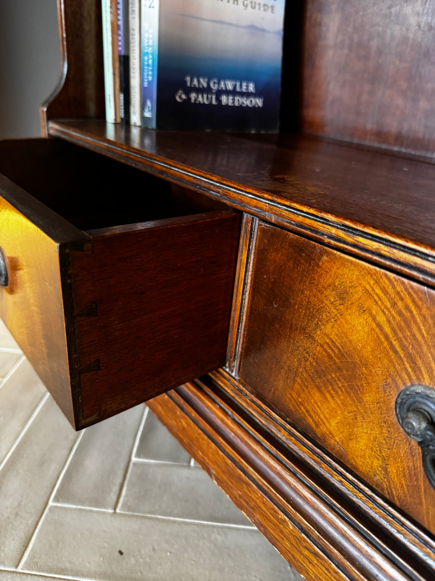 Antique Flame Mahogany Waterfall Bookcase – c.1930s