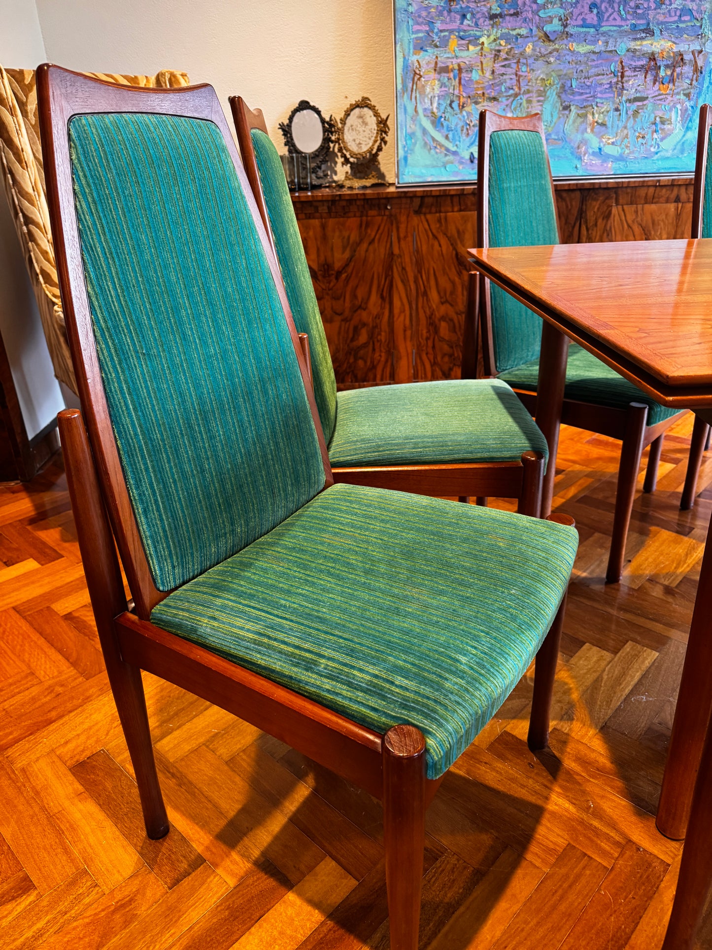 1971 Chiswell Dining Chairs – Set of Eight | Original Teal Striped Velvet