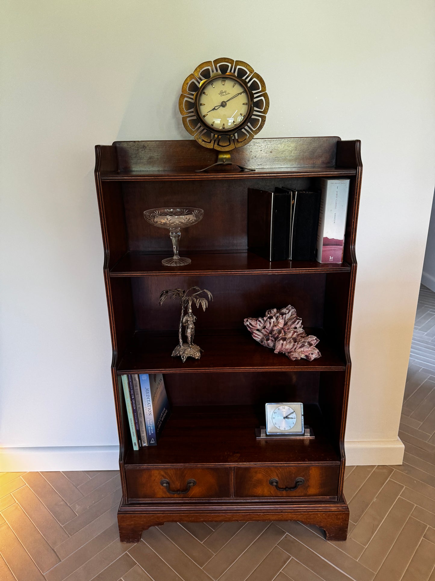 Antique Flame Mahogany Waterfall Bookcase – c.1930s