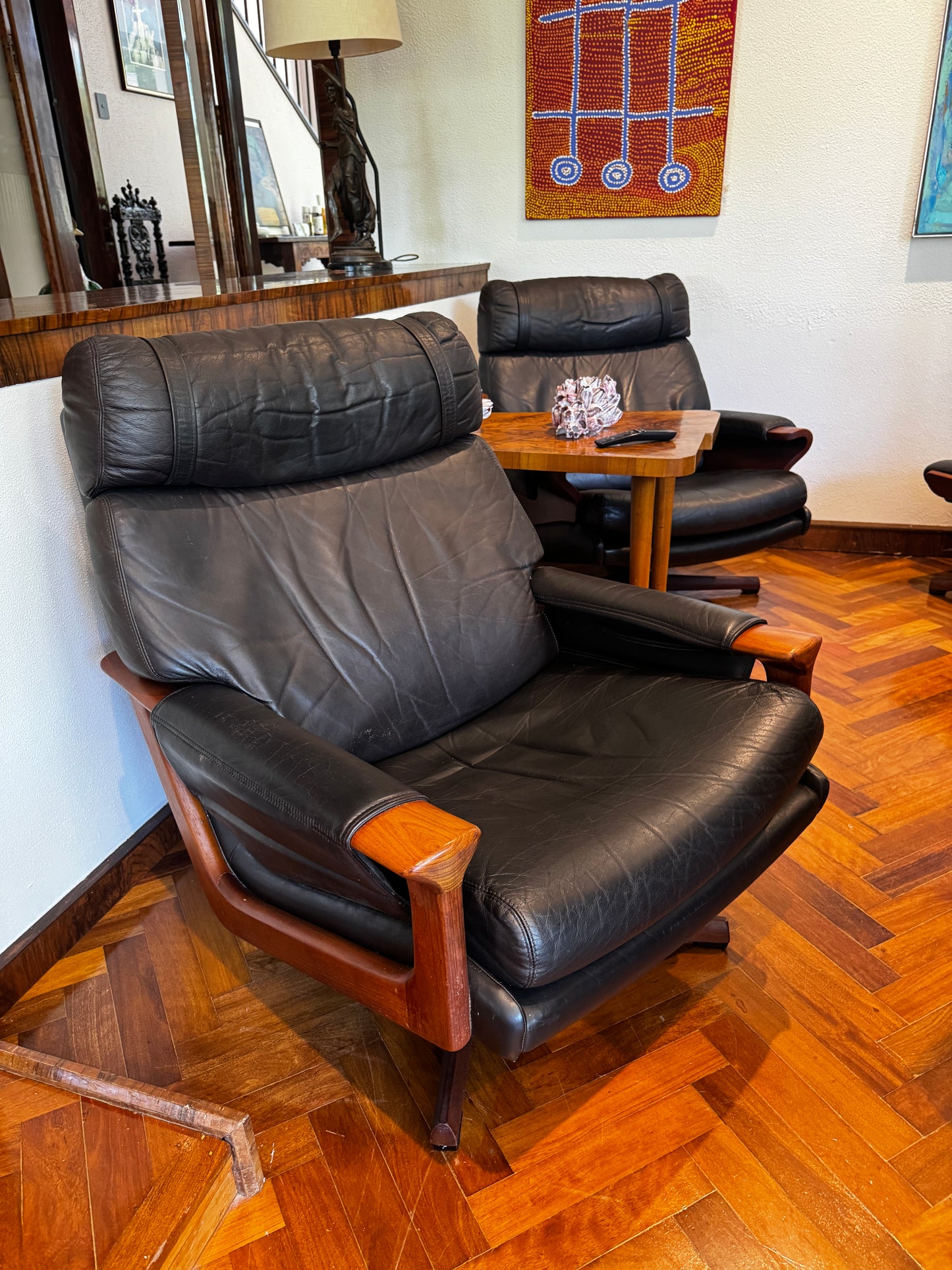 Pair of Early Tessa Lounge Chairs with Matching Footstool