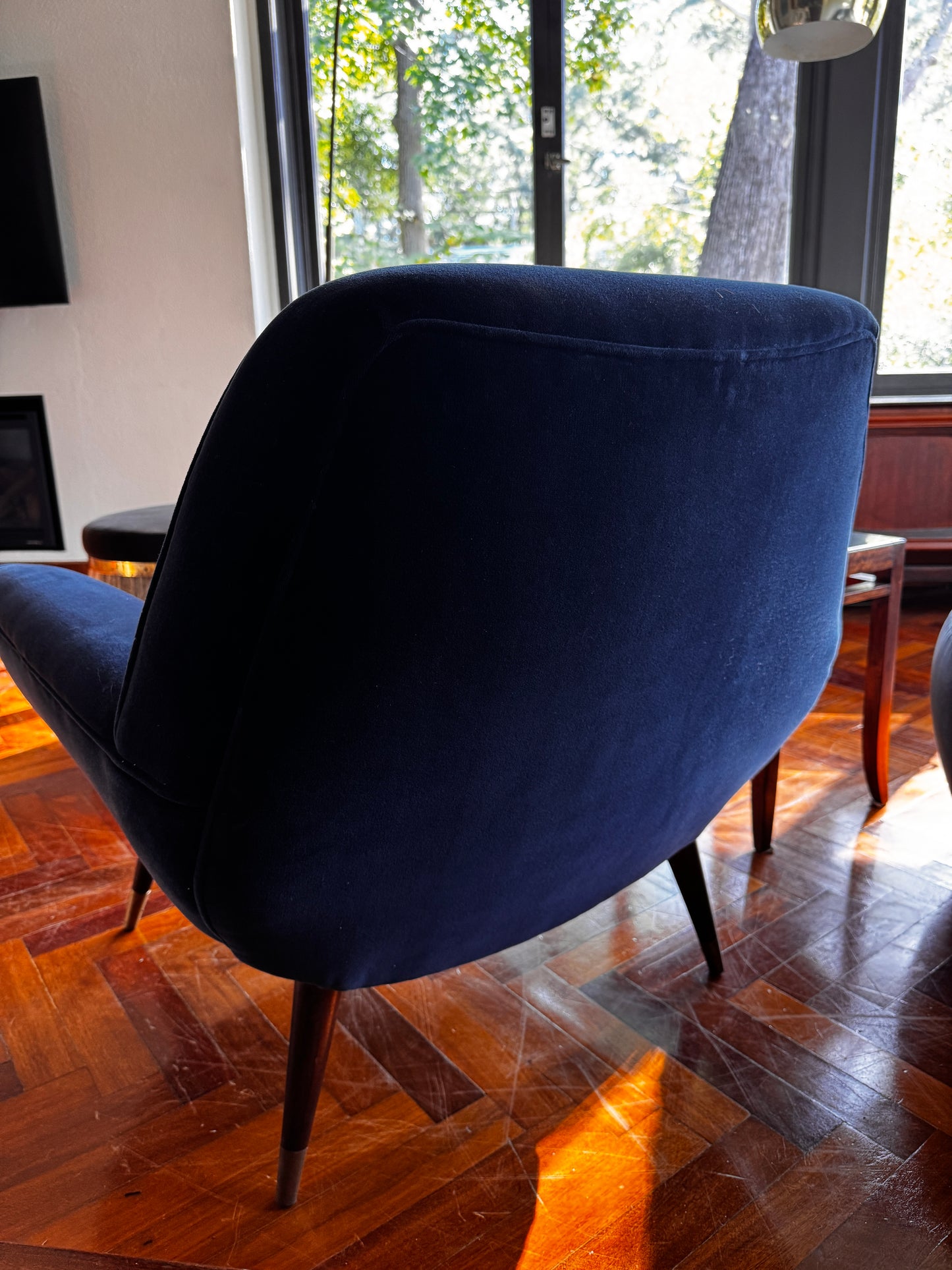 Stunning 1950s Mid-Century Modern Lounge Chairs — Navy Blue Velvet - 2 available