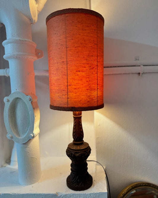 Hand carved 1960s timber lamp with original shade