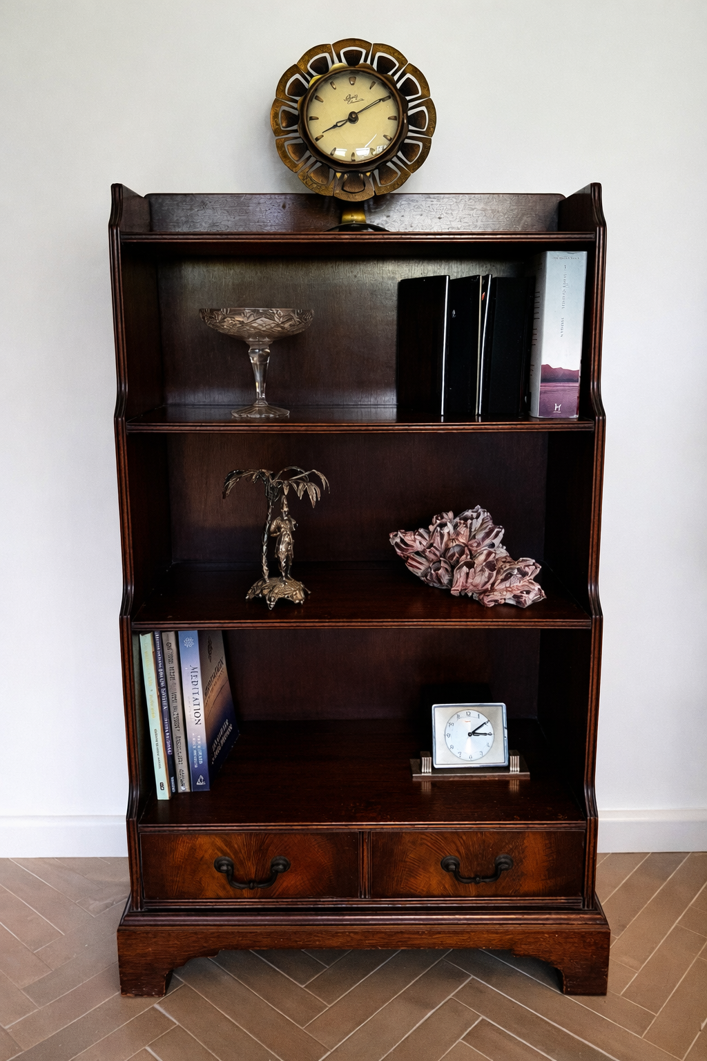 Antique Flame Mahogany Waterfall Bookcase – c.1930s