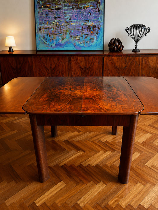 Czech Art Deco Walnut Burl Extending Dining Table | Circa 1925–1935