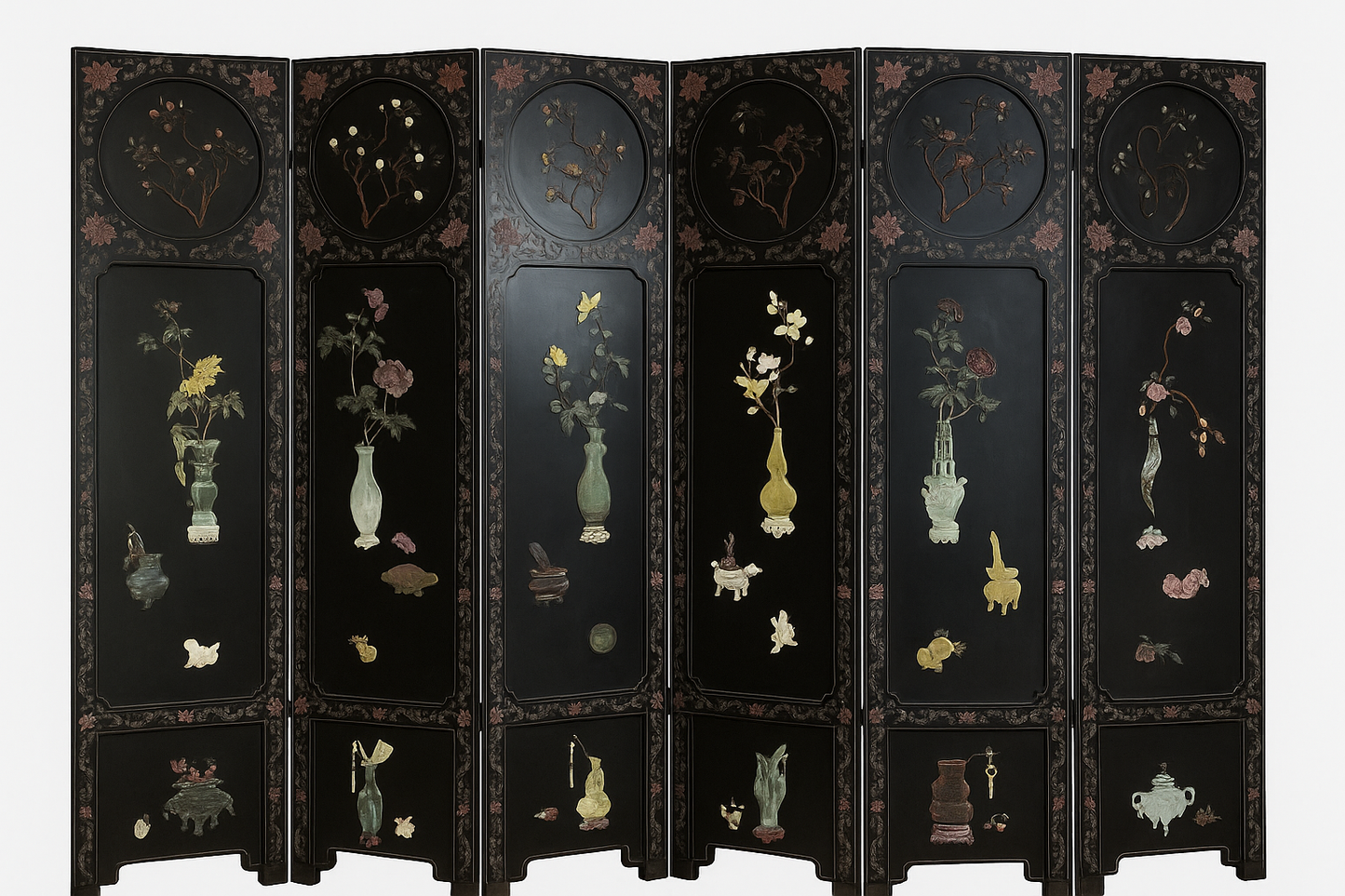 Chinese export 6 panel lacquer and semi precious stone coromandel