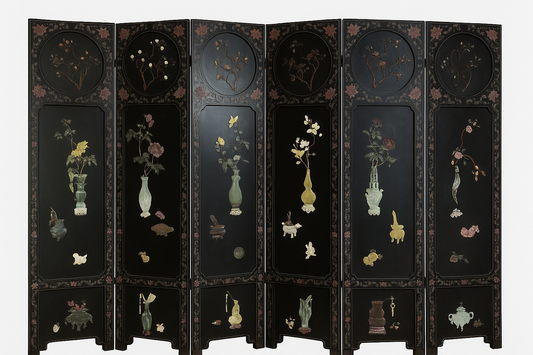 Chinese export 6 panel lacquer and semi precious stone coromandel