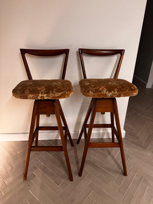 Vintage Height Adjustable Swivel Bar Stools – Pair | Original Velvet Upholstery, 1960s