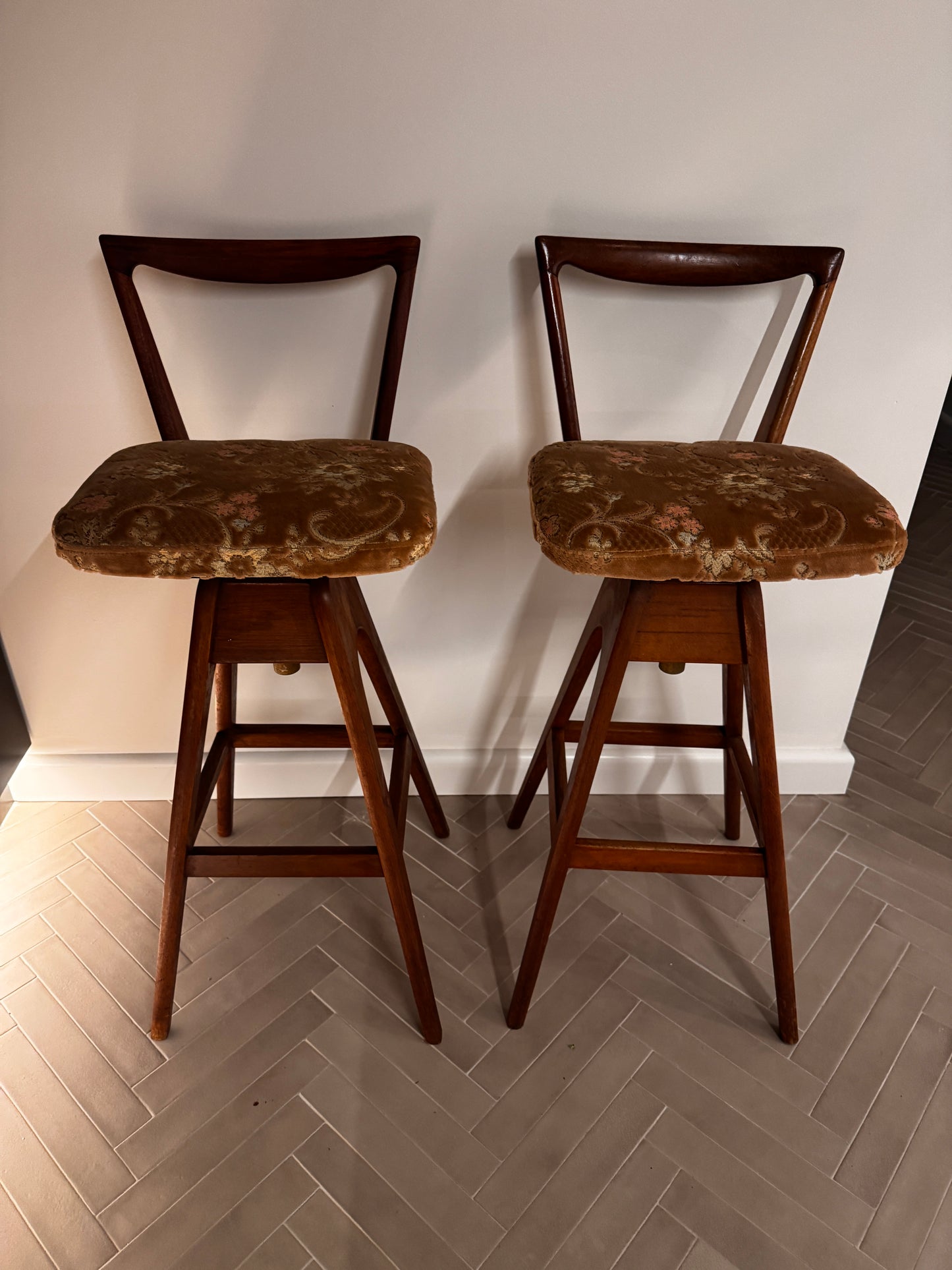 Vintage Height Adjustable Swivel Bar Stools – Pair | Original Velvet Upholstery, 1960s