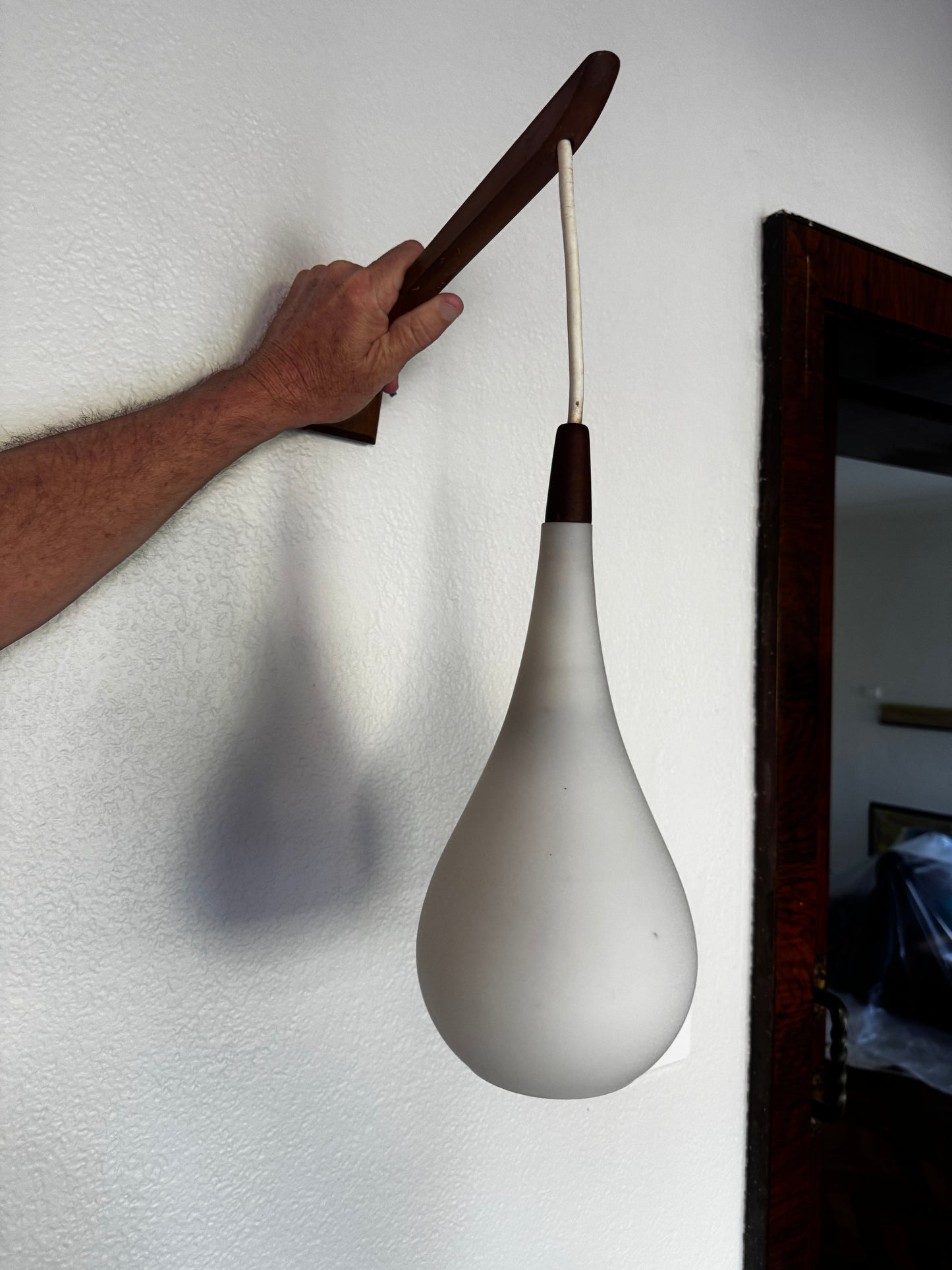 Pair of Mid-Century Teak & Milk Glass Wall Sconces