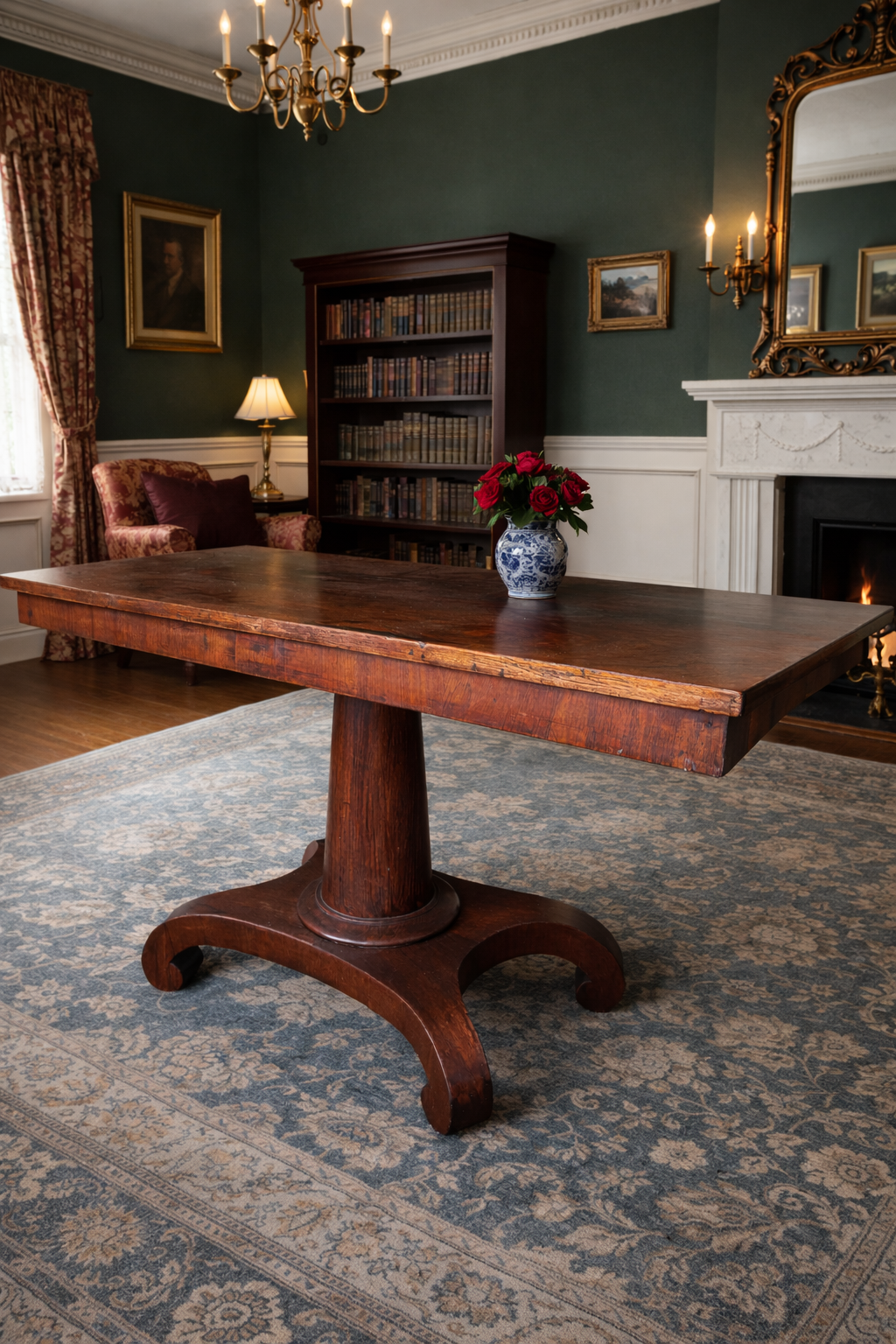 Antique Solid Rosewood Library Pedestal Table with Castors | Library / Centre Table